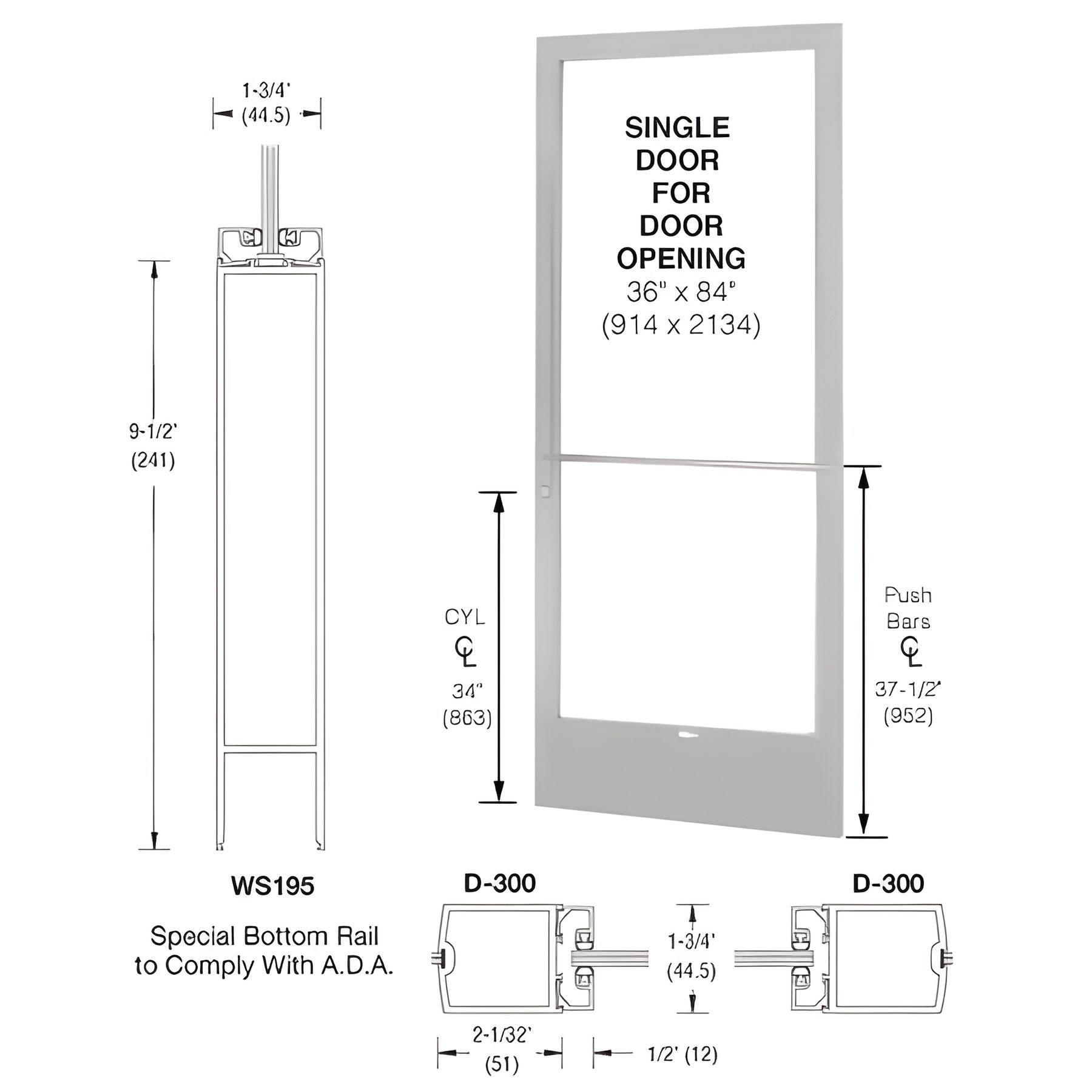 CRL-U.S. Aluminum Clear Anodized 250 Series Narrow Stile (RHR) HRSO Single 3'0 x 7'0 Center Hung for OHCC w/Standard Push Bars Complete Door Std. Lock and 9-1/2" Bottom Rail