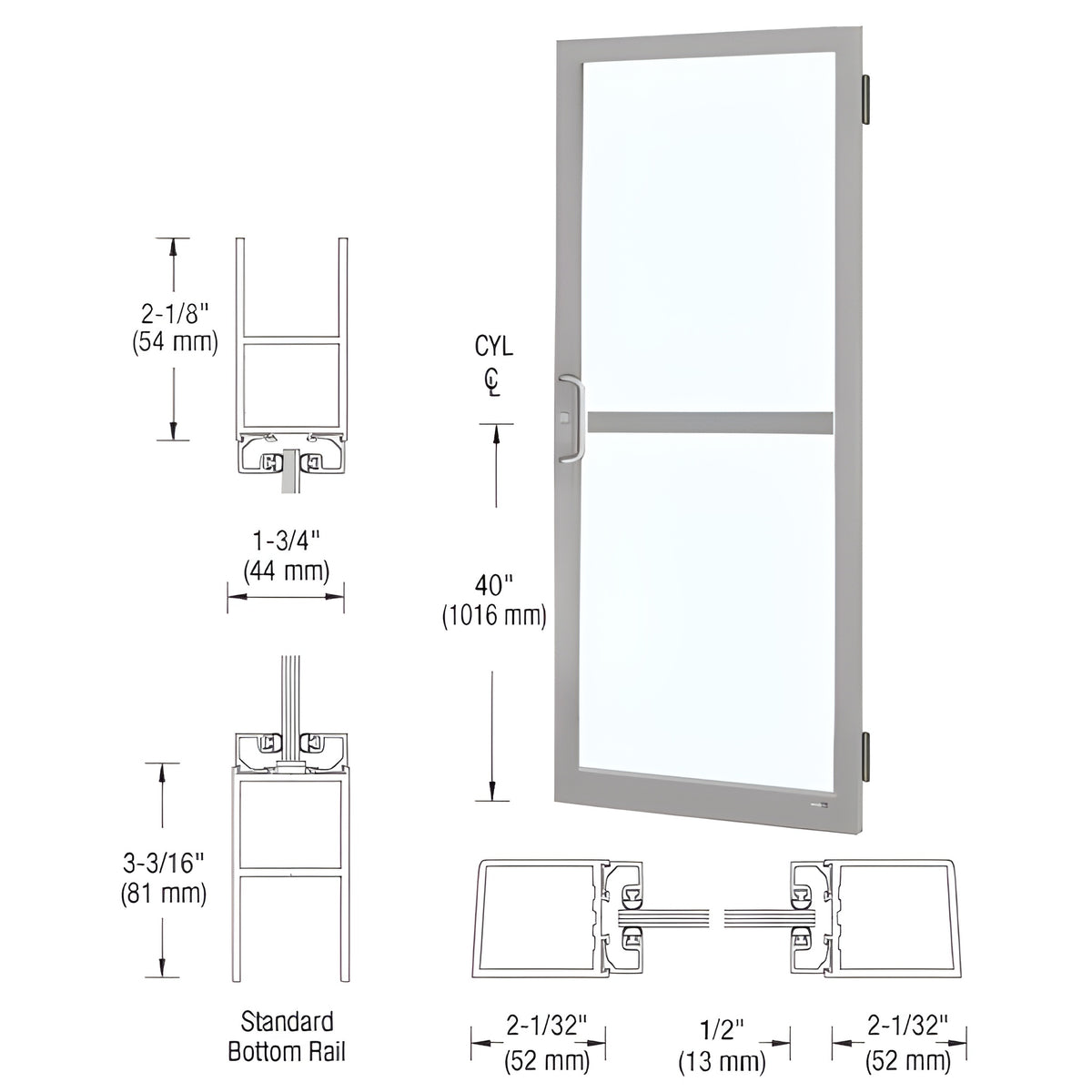 CRL-U.S. Aluminum Clear Anodized 250 Series Narrow Stile (RHR) HRSO Single 3'0 x 7'0 Offset Hung with Butt Hinges for Surf Mount Closer Complete Panic Door with Std. Panic and Bottom Rail