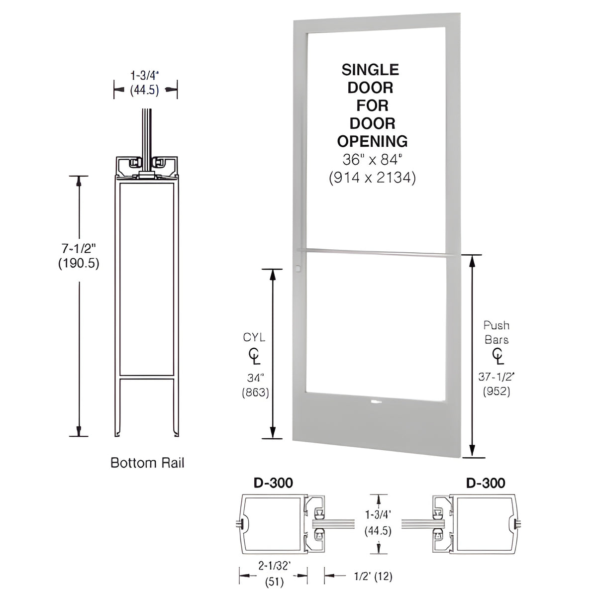 CRL-U.S. Aluminum Clear Anodized 250 Series Narrow Stile (RHR) HRSO Single 3'0 x 7'0 Center Hung for OHCC w/Standard Push Bars Complete Door/Std. MS Lock, 7-1/2" Std. Bottom Rail