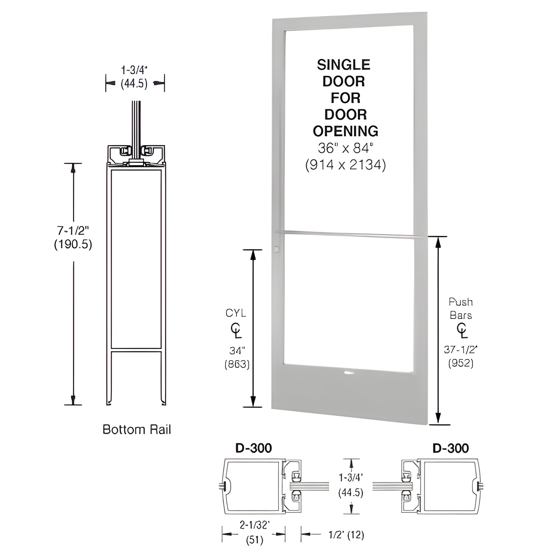 CRL-U.S. Aluminum Clear Anodized 250 Series Narrow Stile (RHR) HRSO Single 3'0 x 7'0 Center Hung for OHCC w/Standard Push Bars Complete Door/Std. MS Lock, 7-1/2" Std. Bottom Rail