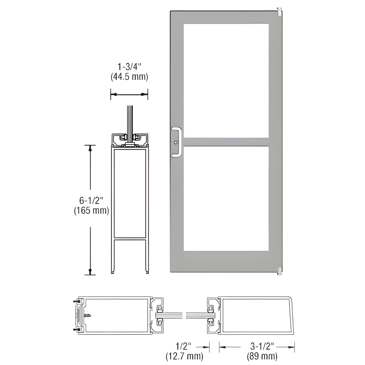 CRL-U.S. Aluminum Clear Anodized 400 Series Medium Stile Active Leaf of Pair 3'0 x 7'0 Offset Hung with Pivots for Surf Mount Closer Complete Panic Door for 1" Glass with Standard MS Lock and Bottom Rail