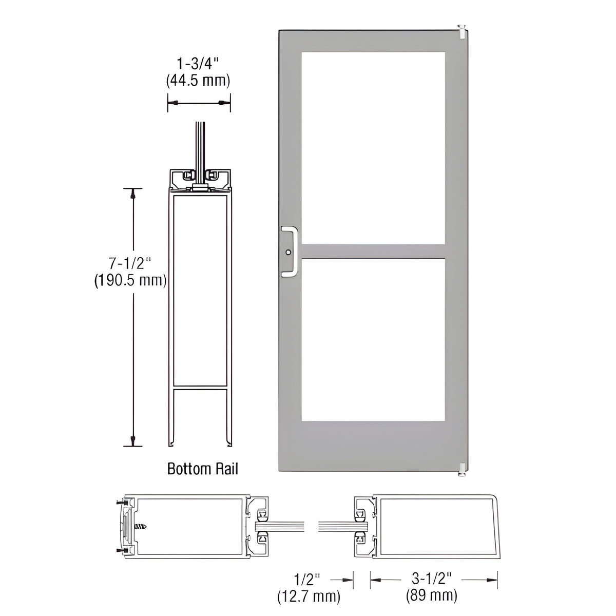 CRL-U.S. Aluminum Clear Anodized 400 Series Medium Stile Active Leaf of Pair 3'0 x 7'0 Offset Hung with Pivots for Surface Mount Closer Complete Panic Door with Standard Panic and 7-1/2" Bottom Rail - For 1" Glass