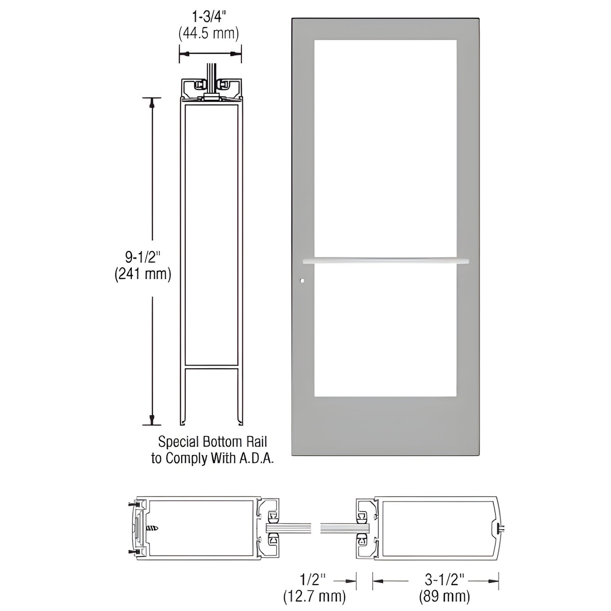CRL-U.S. Aluminum Clear Anodized 400 Series Medium Stile Active Leaf of Pair 3'0 x 7'0 Center Hung for OHCC w/Standard Push Bars Complete ADA Door(s) with Lock Indicator, Cyl Guard