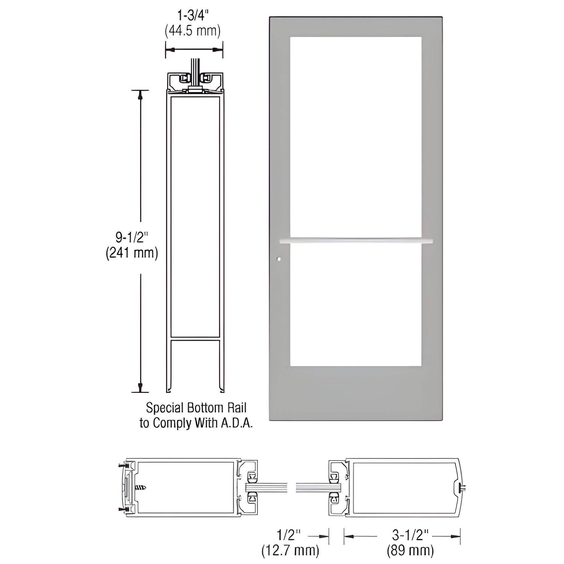 CRL-U.S. Aluminum Clear Anodized 400 Series Medium Stile Active Leaf of Pair 3'0 x 7'0 Center Hung for OHCC w/Standard Push Bars Complete ADA Door(s) with Lock Indicator, Cyl Guard
