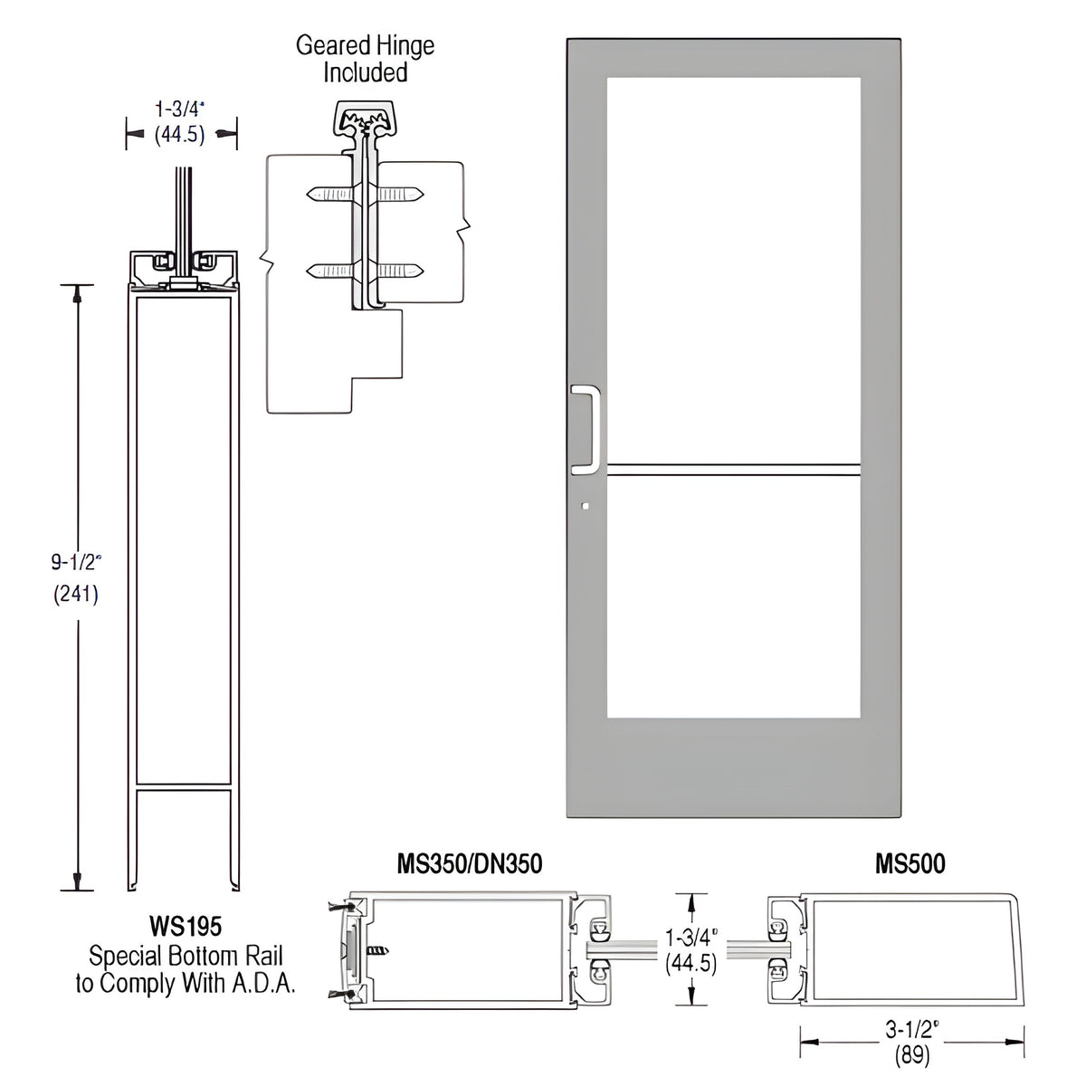 CRL-U.S. Aluminum Clear Anodized 400 Series Medium Stile Active Leaf of Pair 3'0 x 7'0 Offset Hung with Geared Hinged Complete ADA Door(s) with Lock Indicator, Cyl Guard
