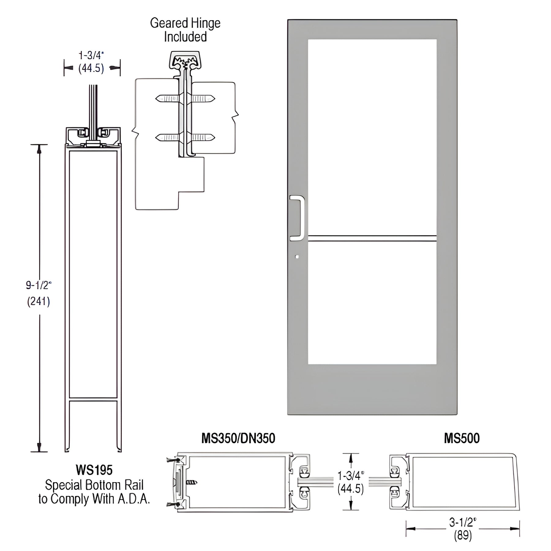 CRL-U.S. Aluminum Clear Anodized 400 Series Medium Stile Active Leaf of Pair 3'0 x 7'0 Offset Hung with Geared Hinged Complete ADA Door(s) with Lock Indicator, Cyl Guard
