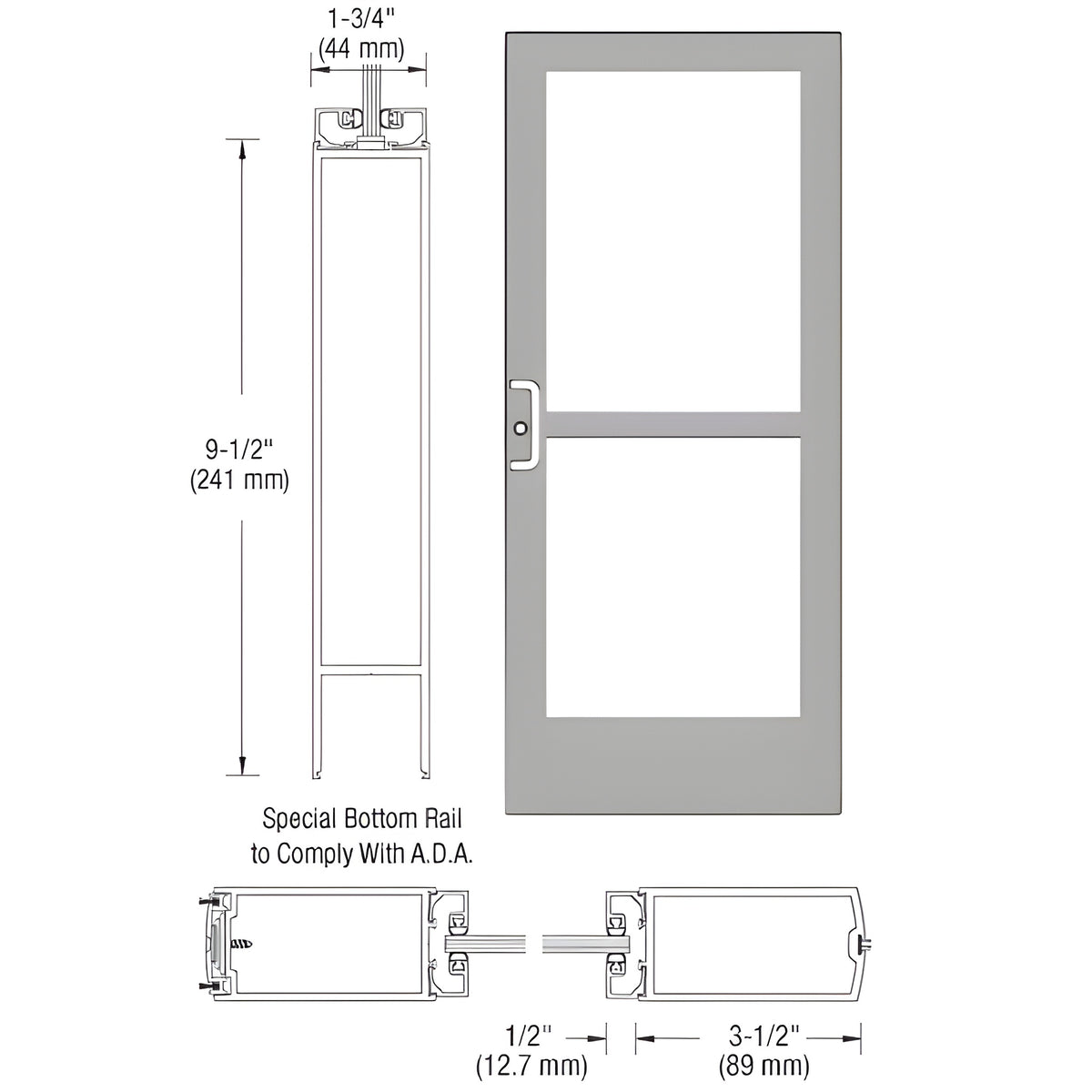 CRL-U.S. Aluminum Clear Anodized 400 Series Medium Stile Active Leaf of Pair 3'0 x 7'0 Center Hung for OHCC w/Standard Push Bars Complete Panic Door with Std. Panic and 9-1/2" Bottom Rail
