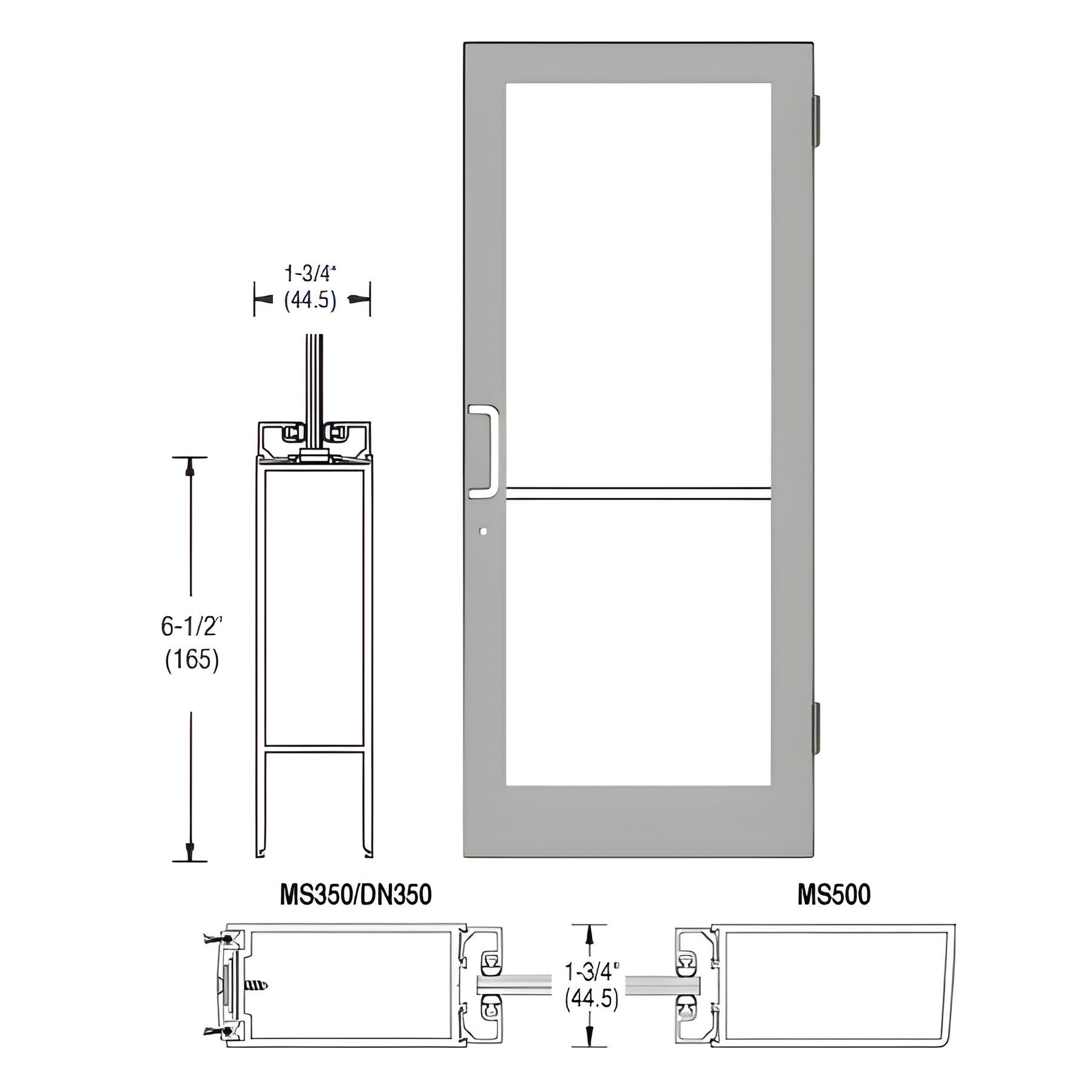 CRL-U.S. Aluminum Clear Anodized 400 Series Medium Stile Active Leaf of Pair 3'0 x 7'0 Offset Hung with Butt Hinges for Surf Mount Closer Complete Door Standard MS Lock and Bottom Rail