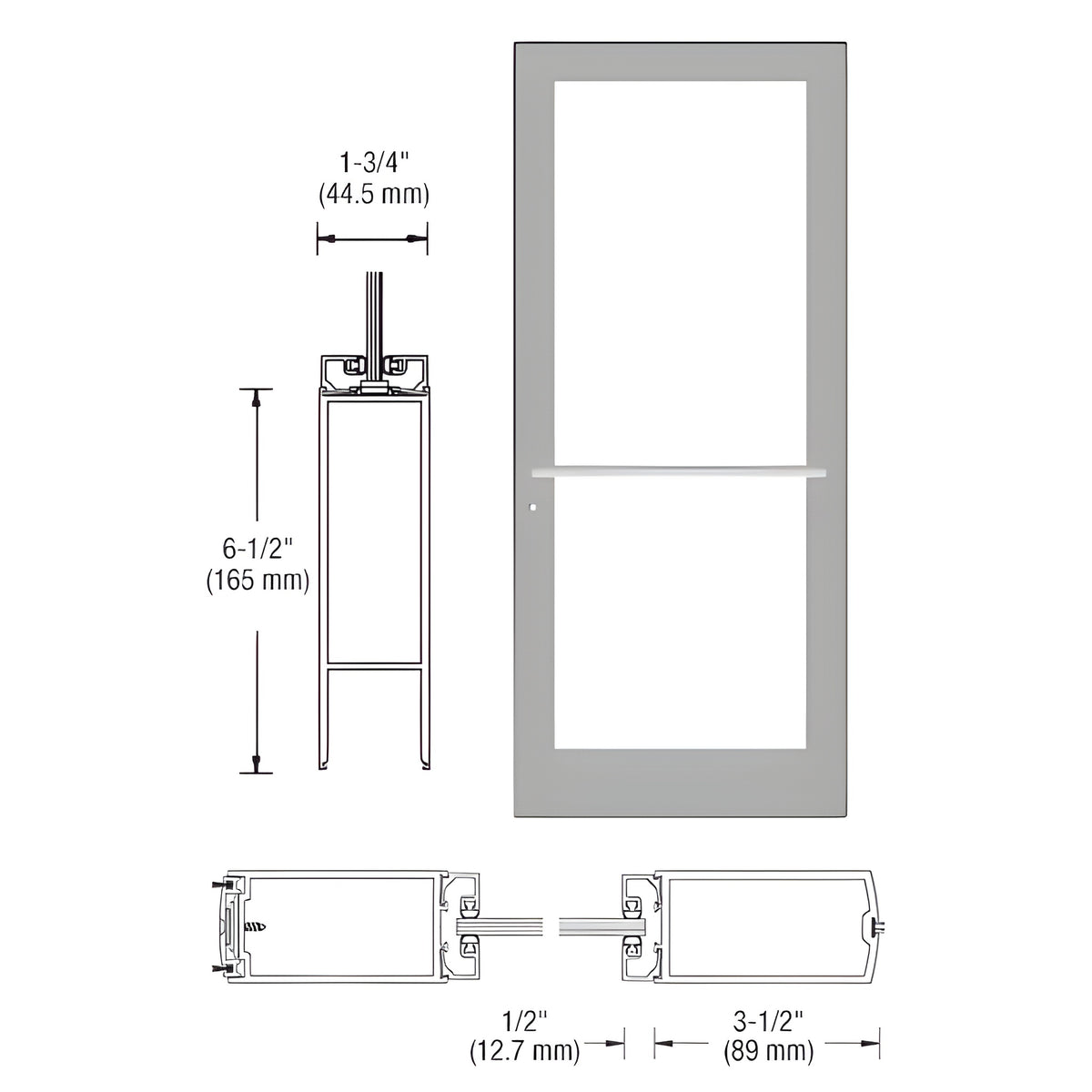 CRL-U.S. Aluminum Clear Anodized 400 Series Medium Stile Active Leaf of Pair 3'0 x 7'0 Center Hung for OHCC w/Standard Push Bars Complete Door Std. MS Lock & Bottom Rail