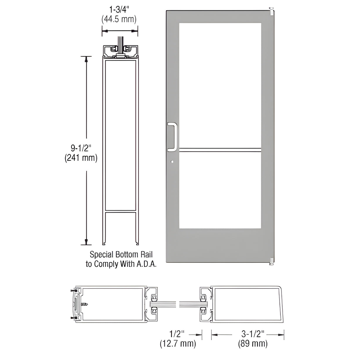 CRL-U.S. Aluminum Clear Anodized 400 Series Medium Stile Active Leaf of Pair 3'0 x 7'0 Offset Hung with Pivots for Surf Mount Closer Complete Door Std. Lock and 9-1/2" Bottom Rail