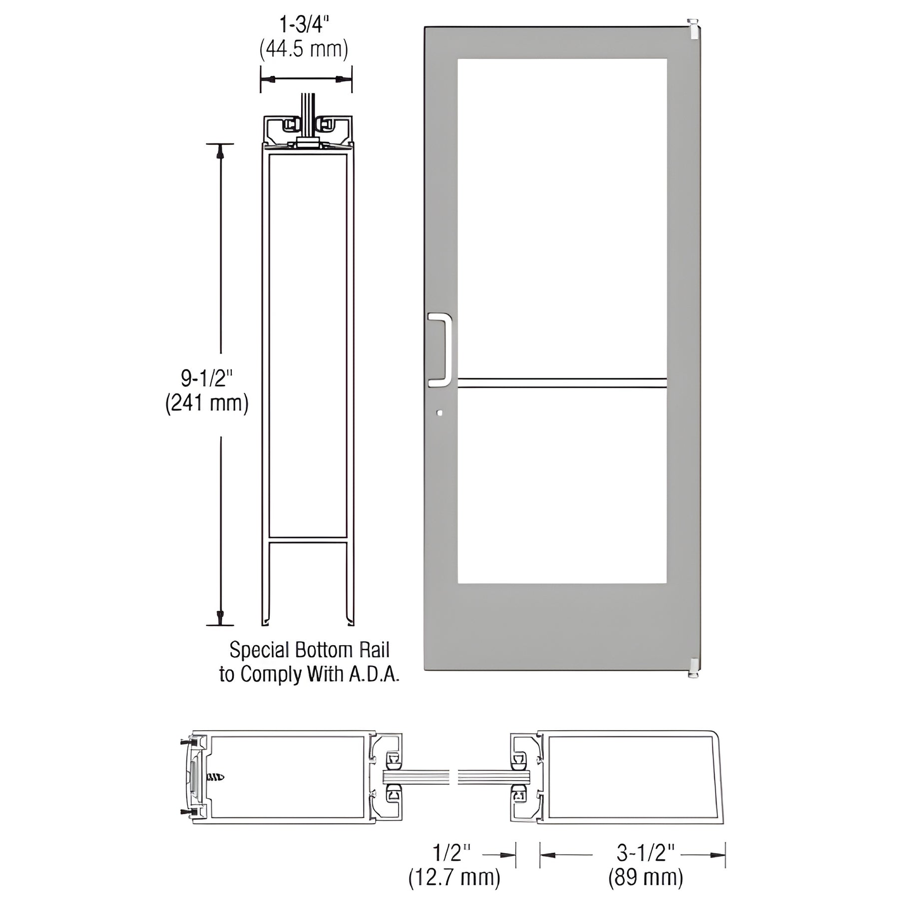 CRL-U.S. Aluminum Clear Anodized 400 Series Medium Stile Active Leaf of Pair 3'0 x 7'0 Offset Hung with Pivots for Surf Mount Closer Complete Door Std. Lock and 9-1/2" Bottom Rail