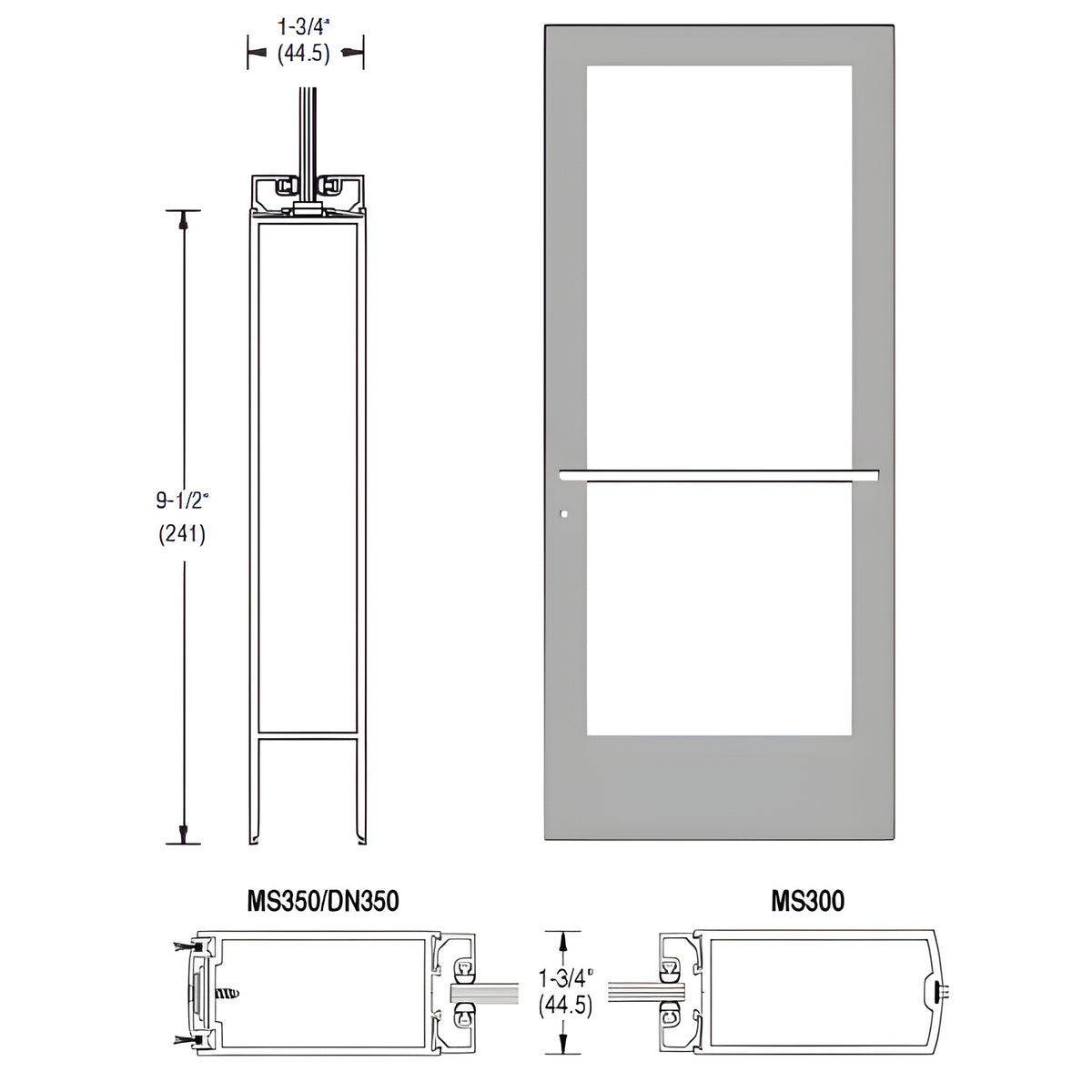 CRL-U.S. Aluminum Clear Anodized 400 Series Medium Stile Active Leaf of Pair 3'0 x 7'0 Center Hung for OHCC w/Standard Push Bars Complete Door Std. Lock & 9-1/2" Bottom Rail