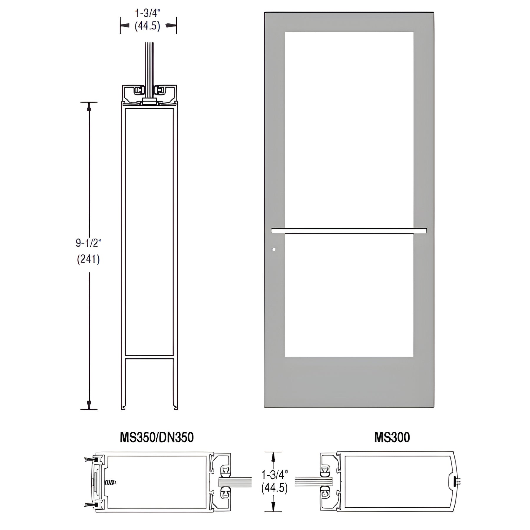CRL-U.S. Aluminum Clear Anodized 400 Series Medium Stile Active Leaf of Pair 3'0 x 7'0 Center Hung for OHCC w/Standard Push Bars Complete Door Std. Lock & 9-1/2" Bottom Rail