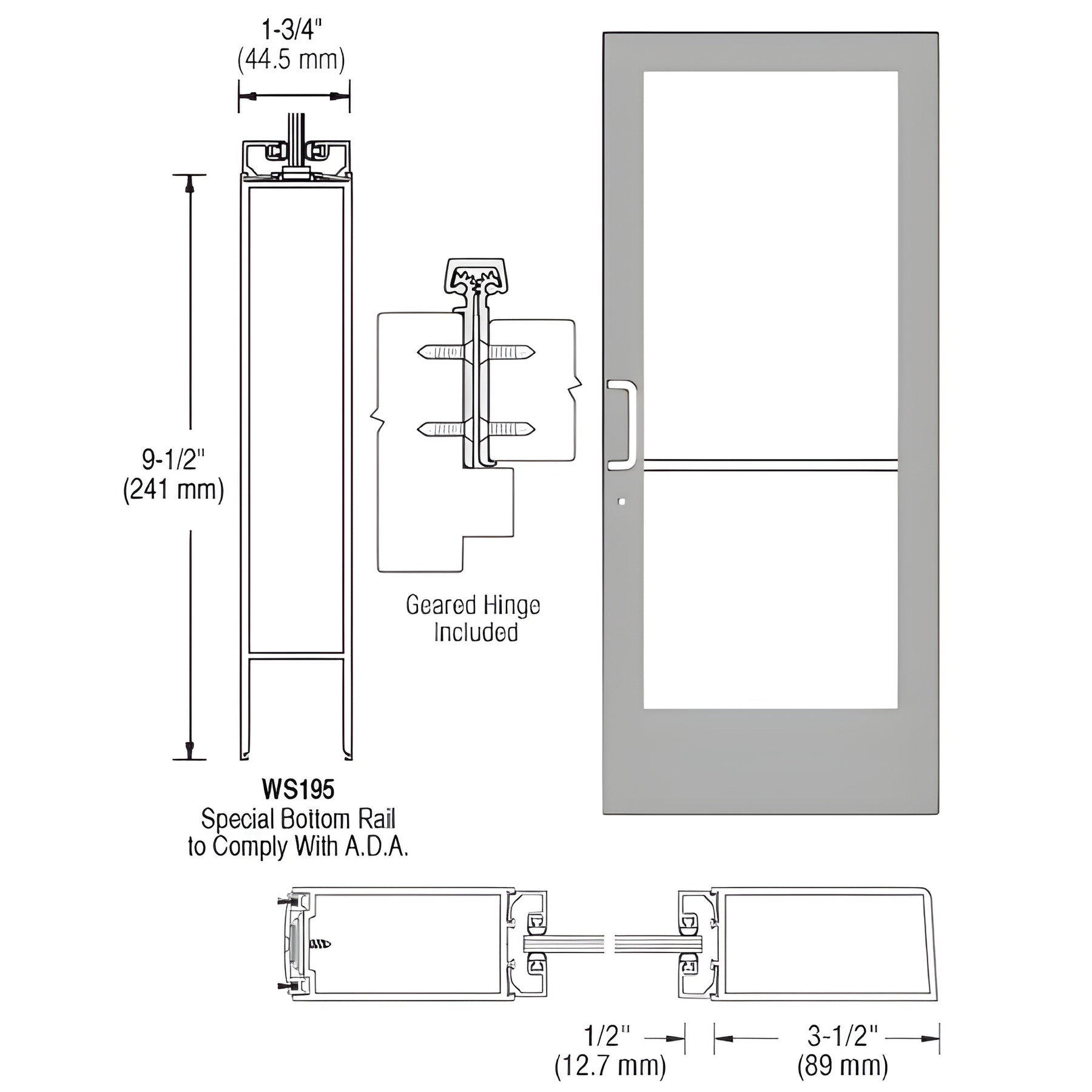 CRL-U.S. Aluminum Clear Anodized 400 Series Medium Stile Active Leaf of Pair 3'0 x 7'0 Offset Hung with Geared Hinged Complete Door Std. Lock and 9-1/2" Bottom Rail