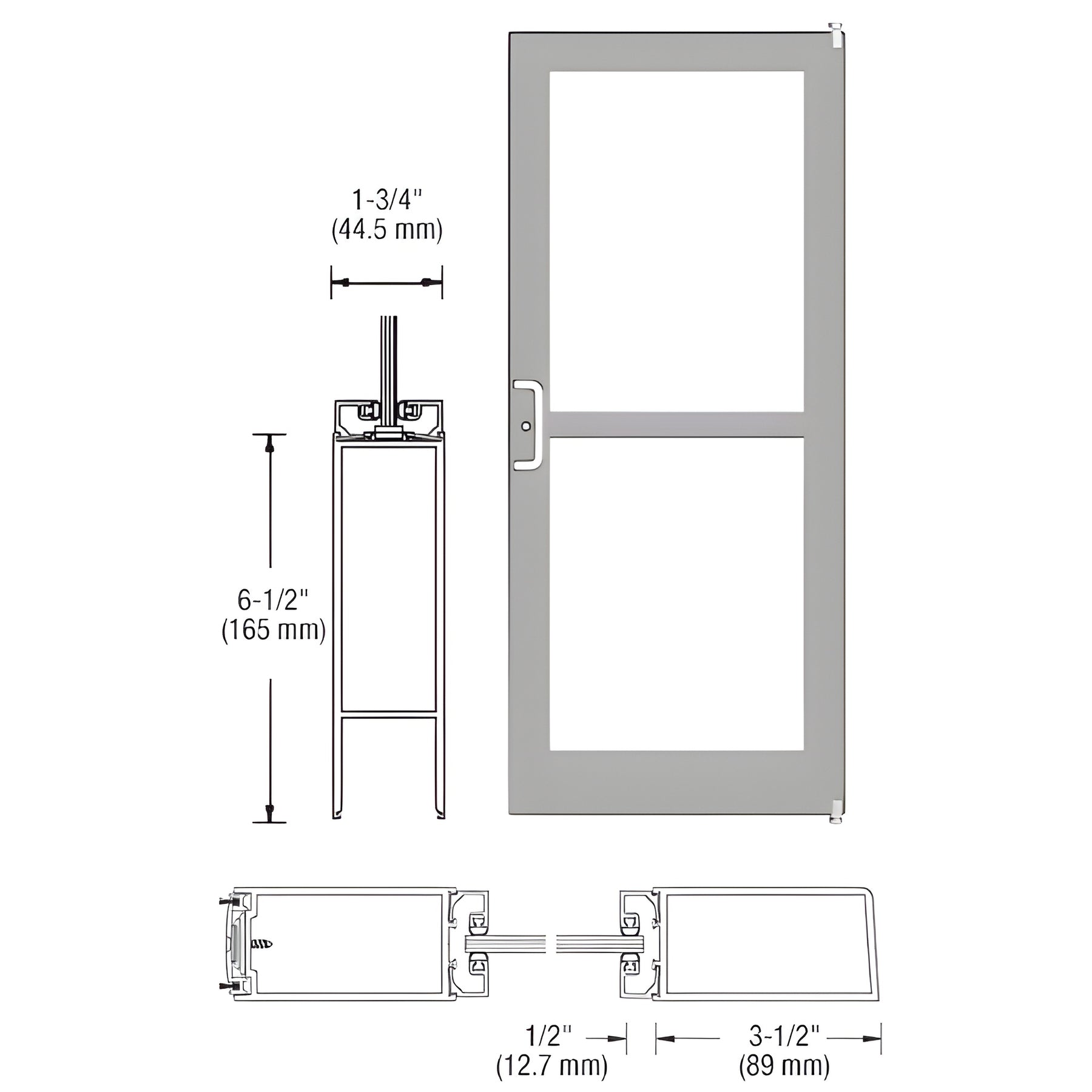 CRL-U.S. Aluminum Clear Anodized 400 Series Medium Stile Active Leaf of Pair 3'0 x 7'0 Offset Hung with Pivots for Surf Mount Closer Complete Panic Door with Std. Panic and Bottom Rail