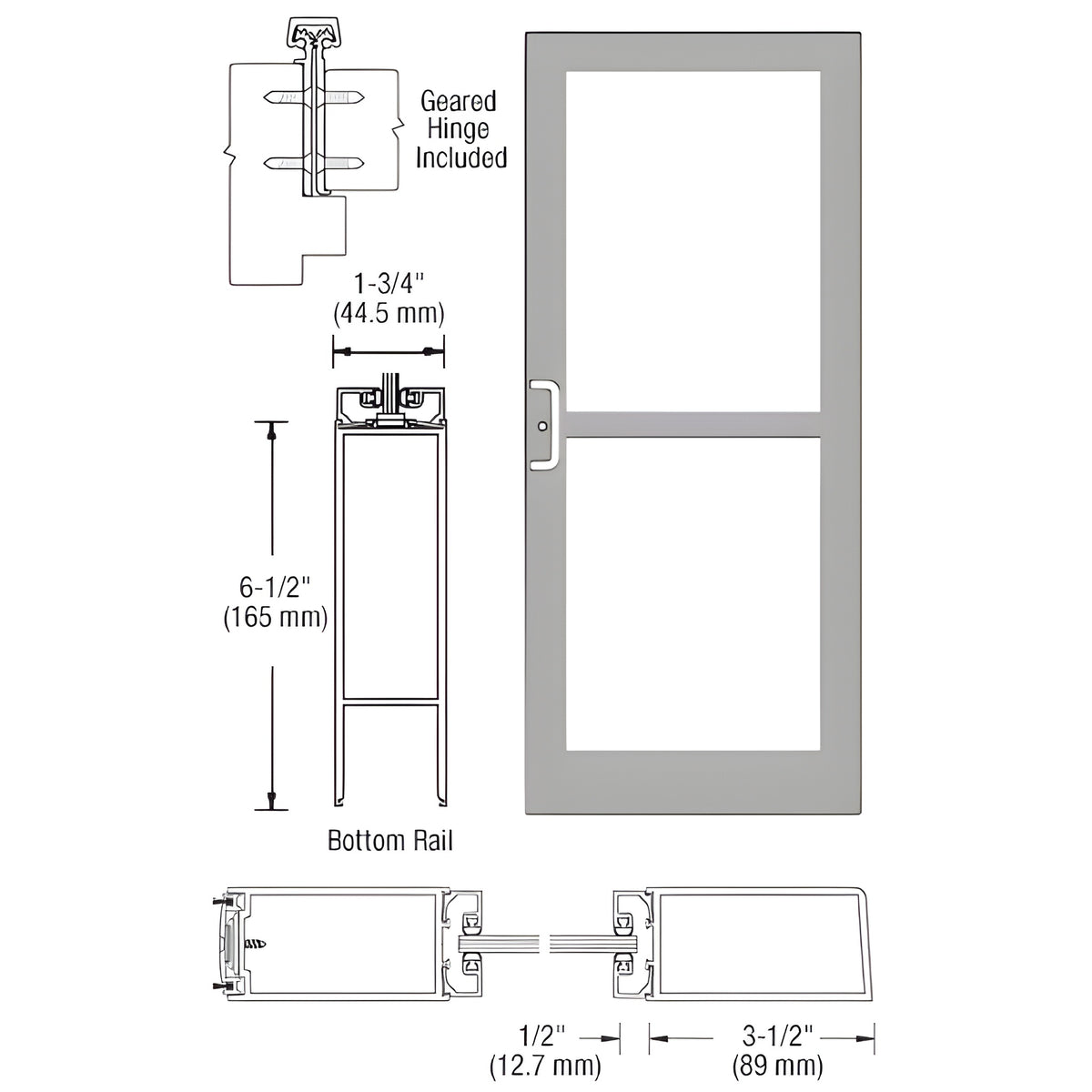 CRL-U.S. Aluminum Clear Anodized 400 Series Medium Stile Active Leaf of Pair 3'0 x 7'0 Offset Hung with Geared Hinged Complete Panic Door with Std. Panic and Bottom Rail