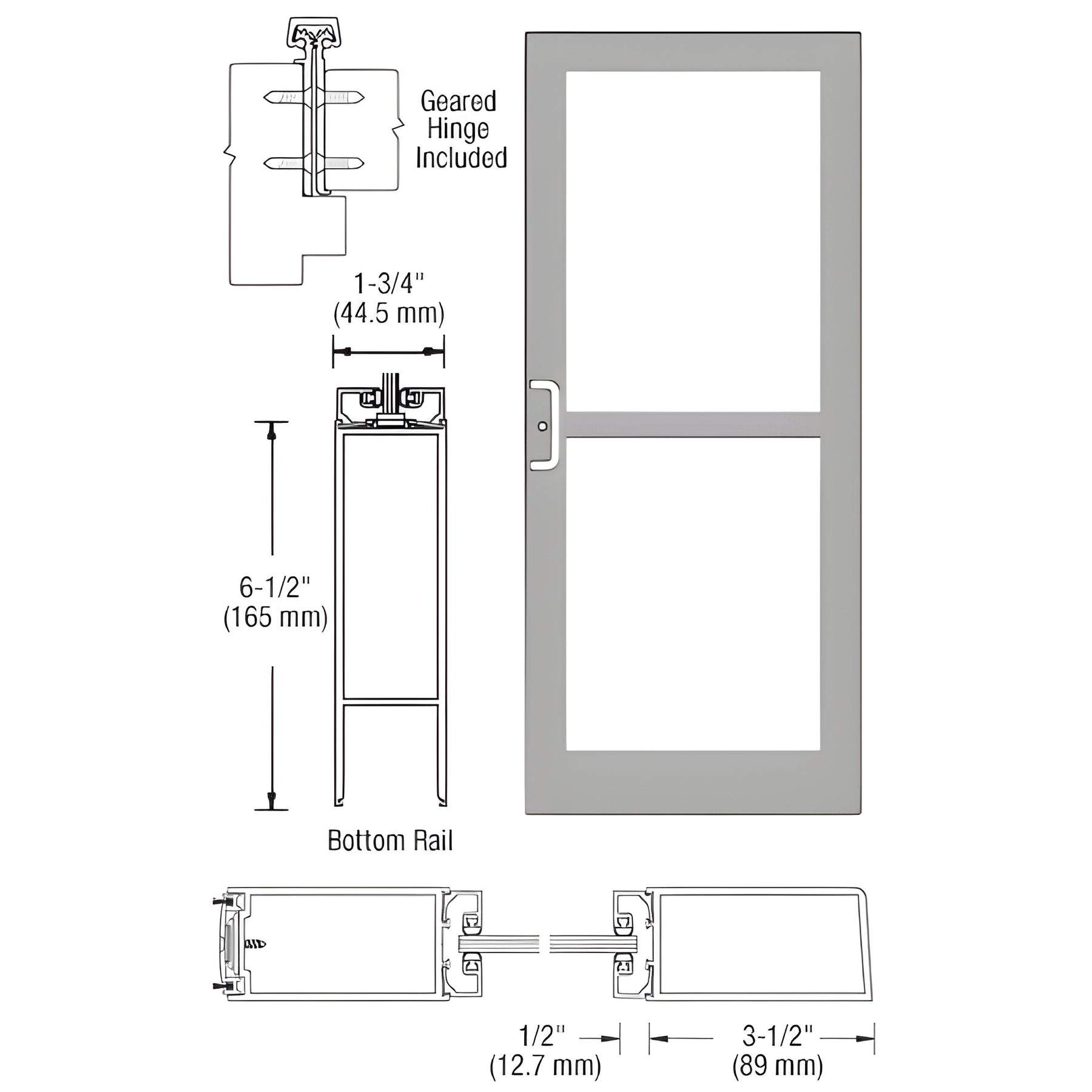 CRL-U.S. Aluminum Clear Anodized 400 Series Medium Stile Active Leaf of Pair 3'0 x 7'0 Offset Hung with Geared Hinged Complete Panic Door with Std. Panic and Bottom Rail