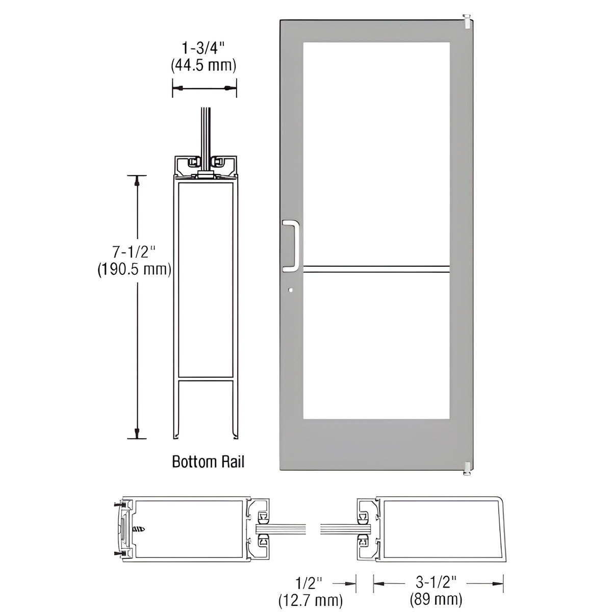 CRL-U.S. Aluminum Clear Anodized 400 Series Medium Stile Active Leaf of Pair 3'0 x 7'0 Offset Hung with Pivots for Surf Mount Closer Complete Door/Std. MS Lock, 7-1/2" Std. Bottom Rail