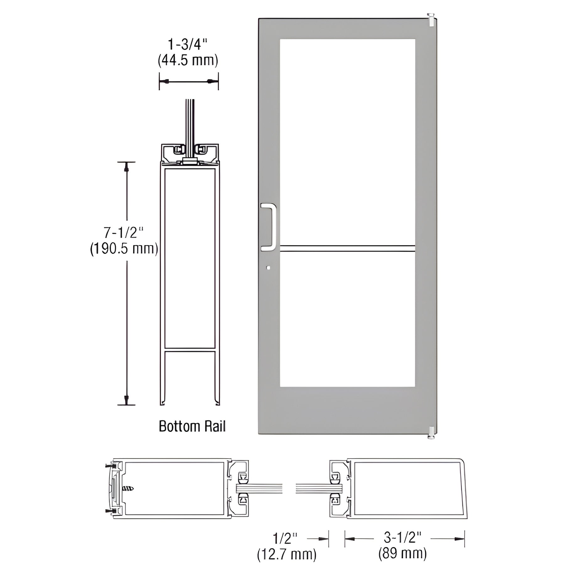 CRL-U.S. Aluminum Clear Anodized 400 Series Medium Stile Active Leaf of Pair 3'0 x 7'0 Offset Hung with Pivots for Surf Mount Closer Complete Door/Std. MS Lock, 7-1/2" Std. Bottom Rail