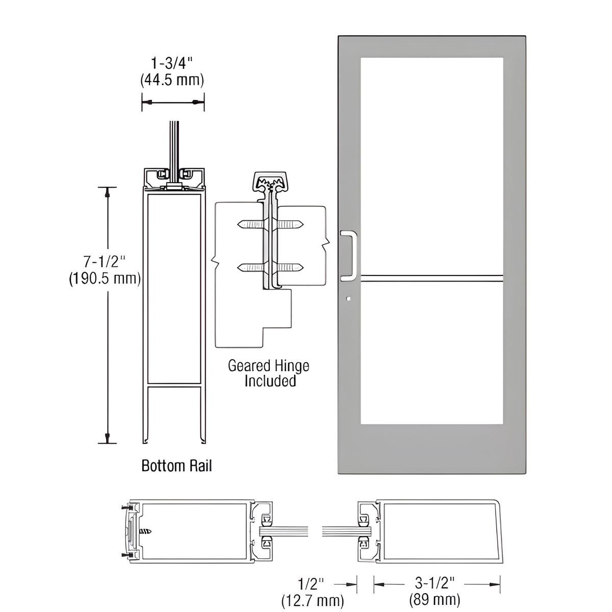 CRL-U.S. Aluminum Clear Anodized 400 Series Medium Stile Active Leaf of Pair 3'0 x 7'0 Offset Hung with Geared Hinged Complete Door/Std. MS Lock, 7-1/2" Std. Bottom Rail