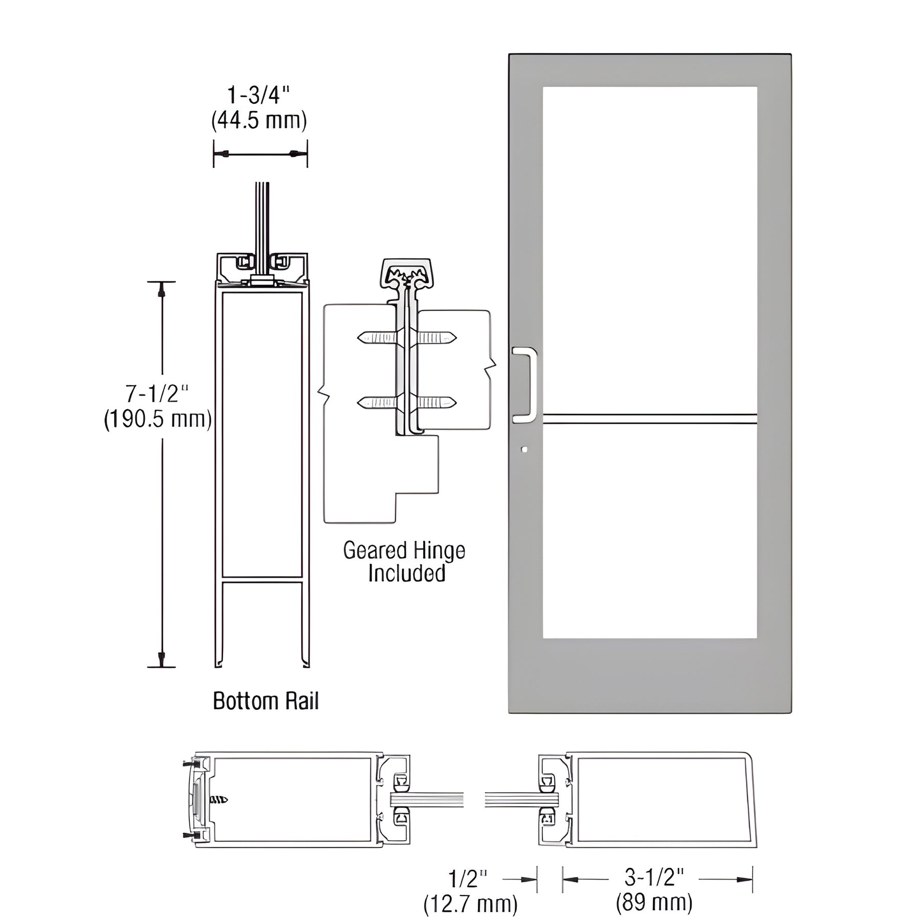 CRL-U.S. Aluminum Clear Anodized 400 Series Medium Stile Active Leaf of Pair 3'0 x 7'0 Offset Hung with Geared Hinged Complete Door/Std. MS Lock, 7-1/2" Std. Bottom Rail