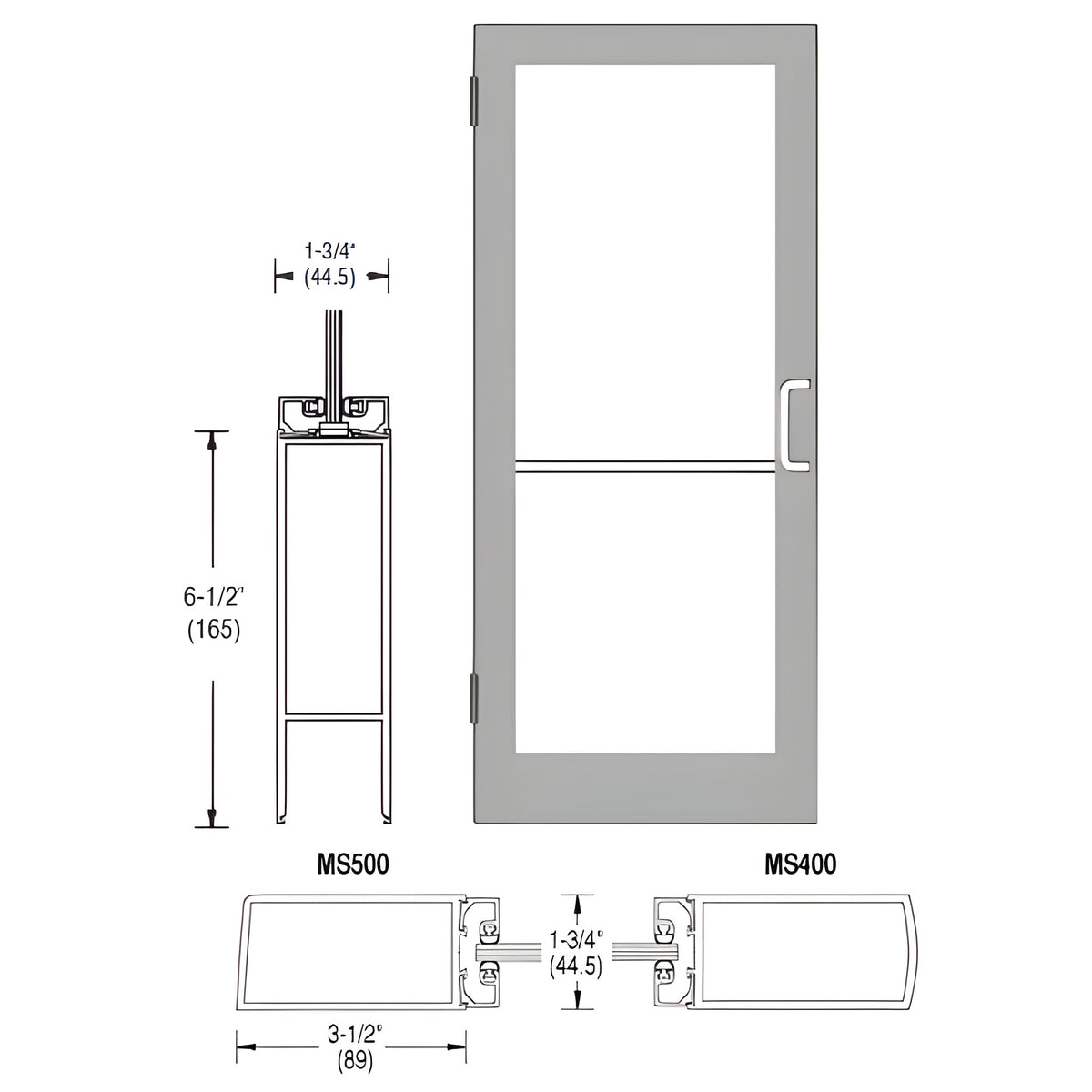 CRL-U.S. Aluminum Clear Anodized 400 Series Medium Stile Inactive Leaf of Pair 3'0 x 7'0 Offset Hung with Butt Hinges for Surf Mount Closer Complete Door for 1" Glass with Standard MS Lock and Bottom Rail