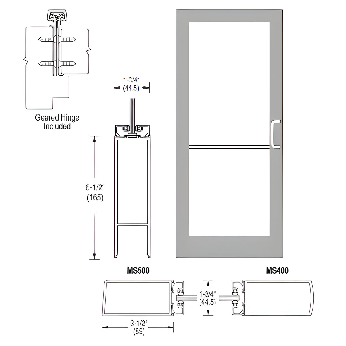 CRL-U.S. Aluminum Clear Anodized 400 Series Medium Stile Inactive Leaf of Pair 3'0 x 7'0 Offset Hung with Geared Hinged Complete Door for 1" Glass with Standard MS Lock and Bottom Rail