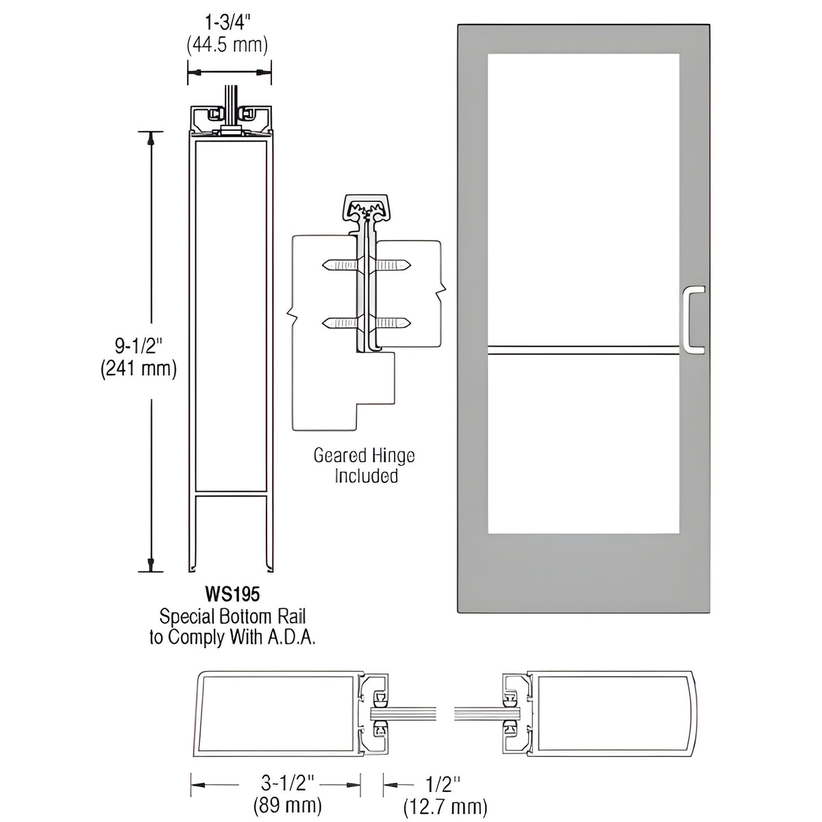 CRL-U.S. Aluminum Clear Anodized 400 Series Medium Stile Inactive Leaf of Pair 3'0 x 7'0 Offset Hung with Geared Hinged Complete Door for 1" Glass with Standard MS Lock and Bottom Rail