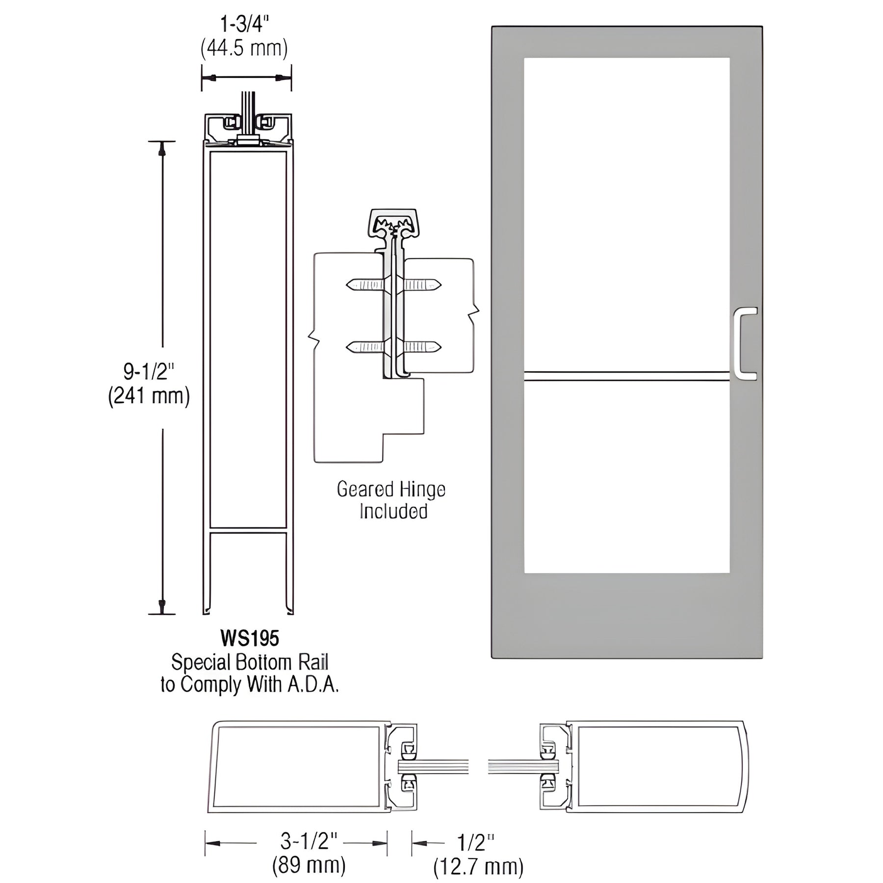 CRL-U.S. Aluminum Clear Anodized 400 Series Medium Stile Inactive Leaf of Pair 3'0 x 7'0 Offset Hung with Geared Hinged Complete Door for 1" Glass with Standard MS Lock and Bottom Rail