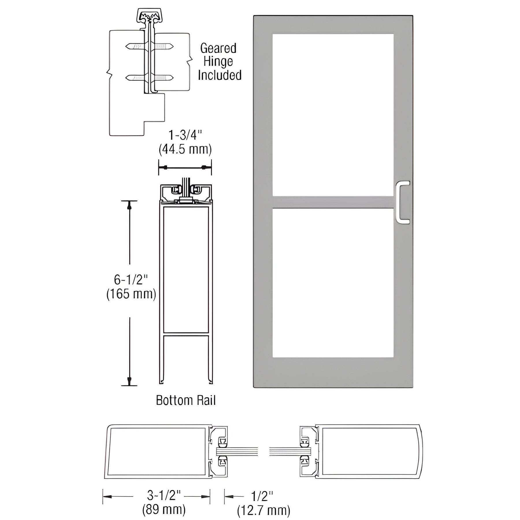CRL-U.S. Aluminum Clear Anodized 400 Series Medium Stile Inactive Leaf of Pair 3'0 x 7'0 Offset Hung with Geared Hinged Complete Panic Door for 1" Glass with Standard Panic and Bottom Rail