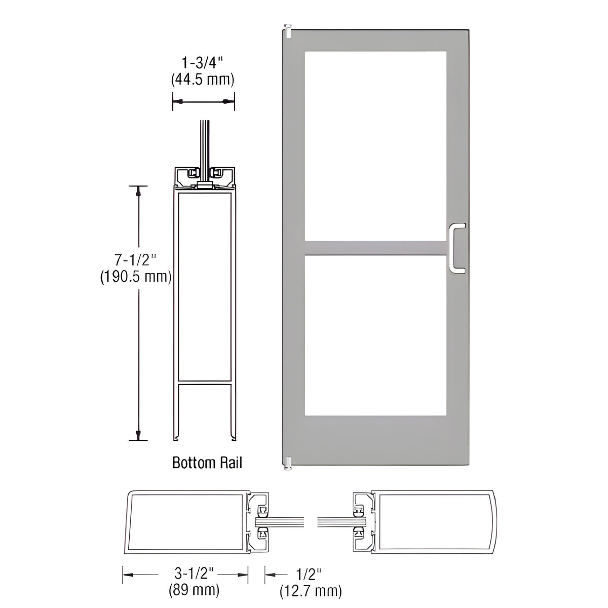 CRL-U.S. Aluminum Clear Anodized 400 Series Medium Stile Inactive Leaf of Pair 3'0 x 7'0 Offset Hung with Pivots for Surface Mount Closer Complete Panic Door for 1" Glass with Standard Panic and 7-1/2" Bottom Rail