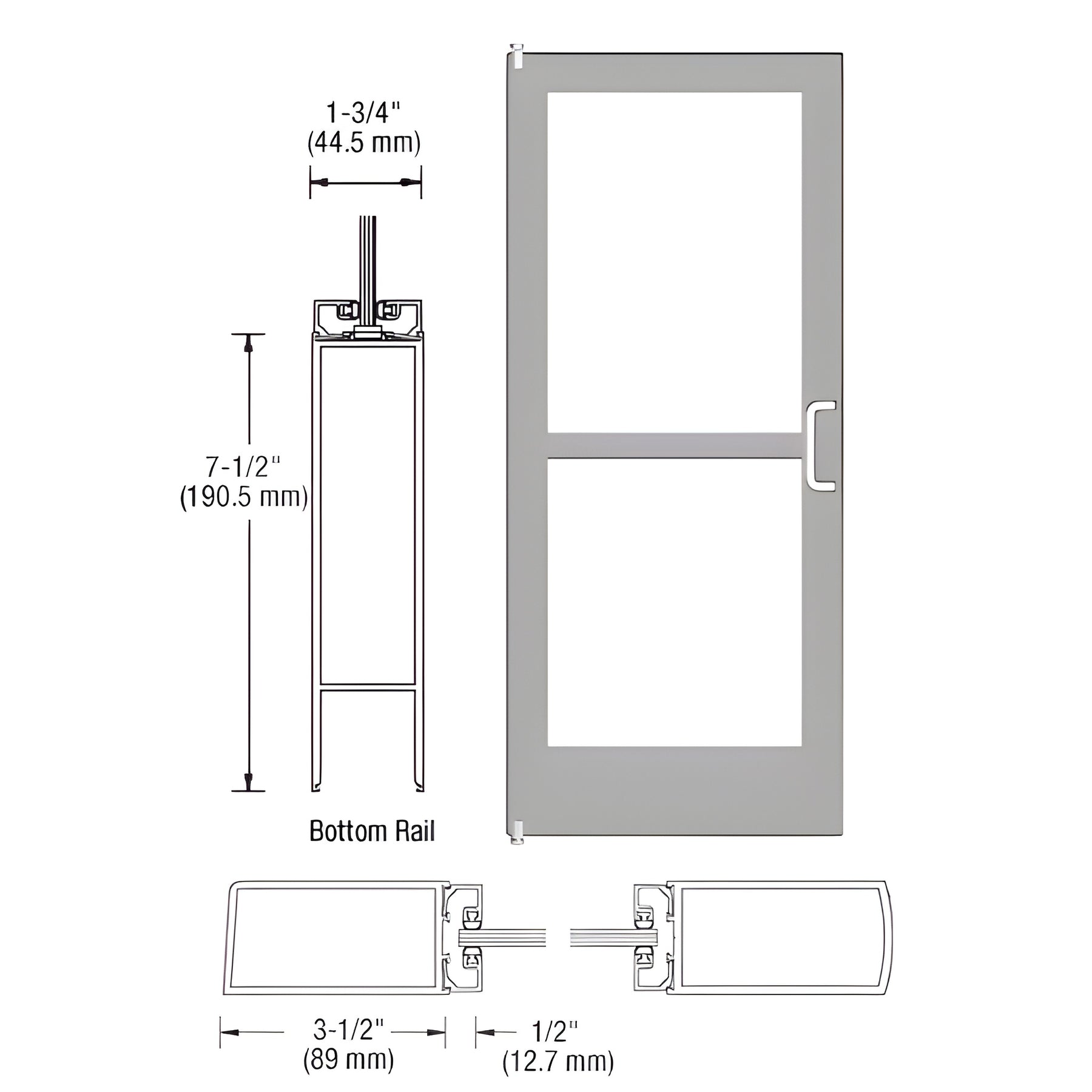 CRL-U.S. Aluminum Clear Anodized 400 Series Medium Stile Inactive Leaf of Pair 3'0 x 7'0 Offset Hung with Pivots for Surface Mount Closer Complete Panic Door for 1" Glass with Standard Panic and 7-1/2" Bottom Rail