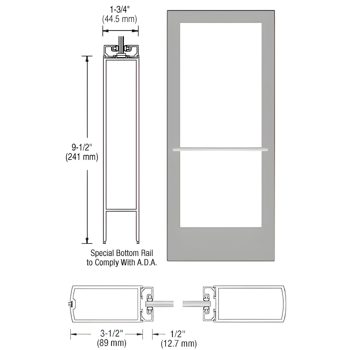 CRL-U.S. Aluminum Clear Anodized 400 Series Medium Stile Inactive Leaf of Pair 3'0 x 7'0 Center Hung for OHCC w/Standard Push Bars Complete ADA Door(s) with Lock Indicator, Cyl Guard