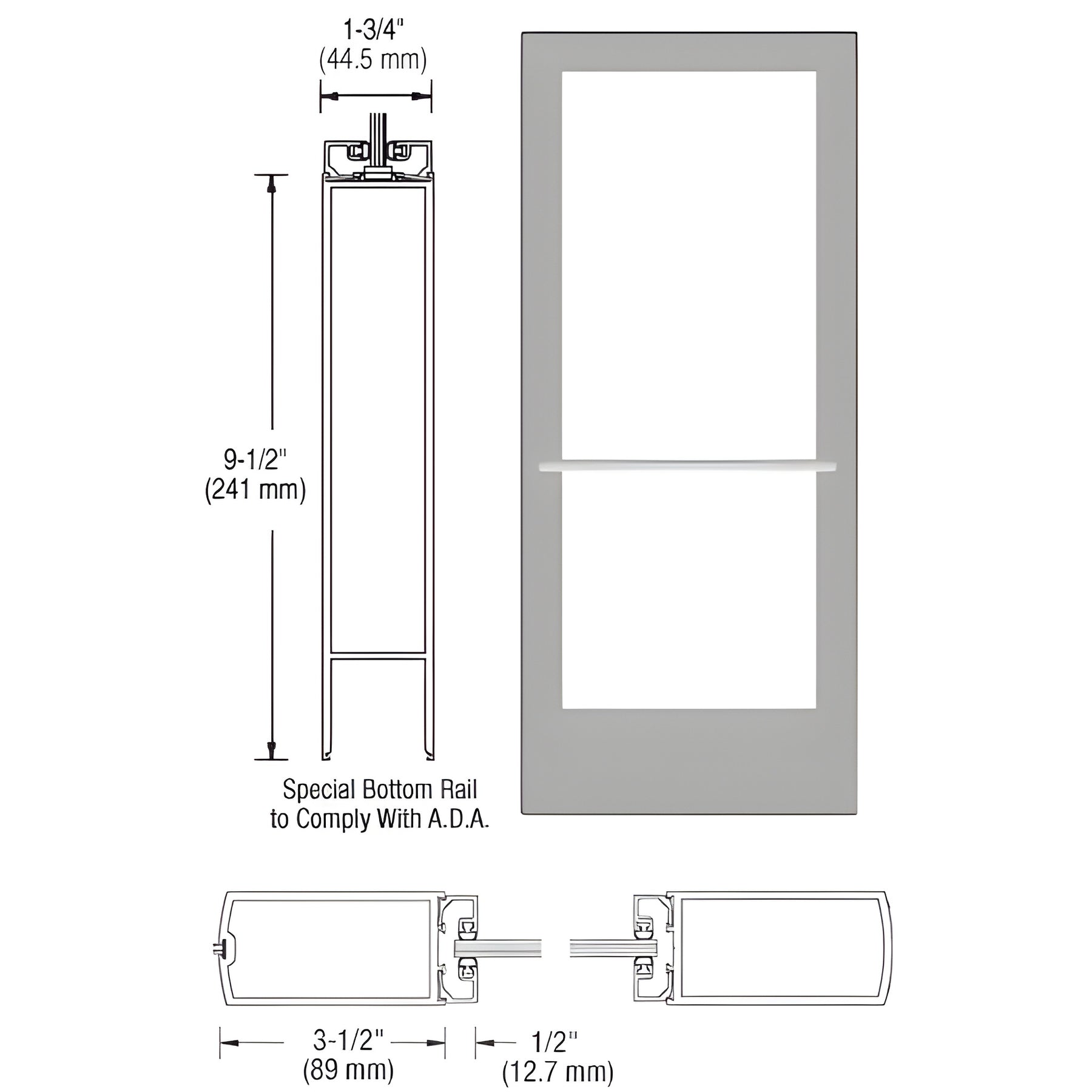 CRL-U.S. Aluminum Clear Anodized 400 Series Medium Stile Inactive Leaf of Pair 3'0 x 7'0 Center Hung for OHCC w/Standard Push Bars Complete ADA Door(s) with Lock Indicator, Cyl Guard