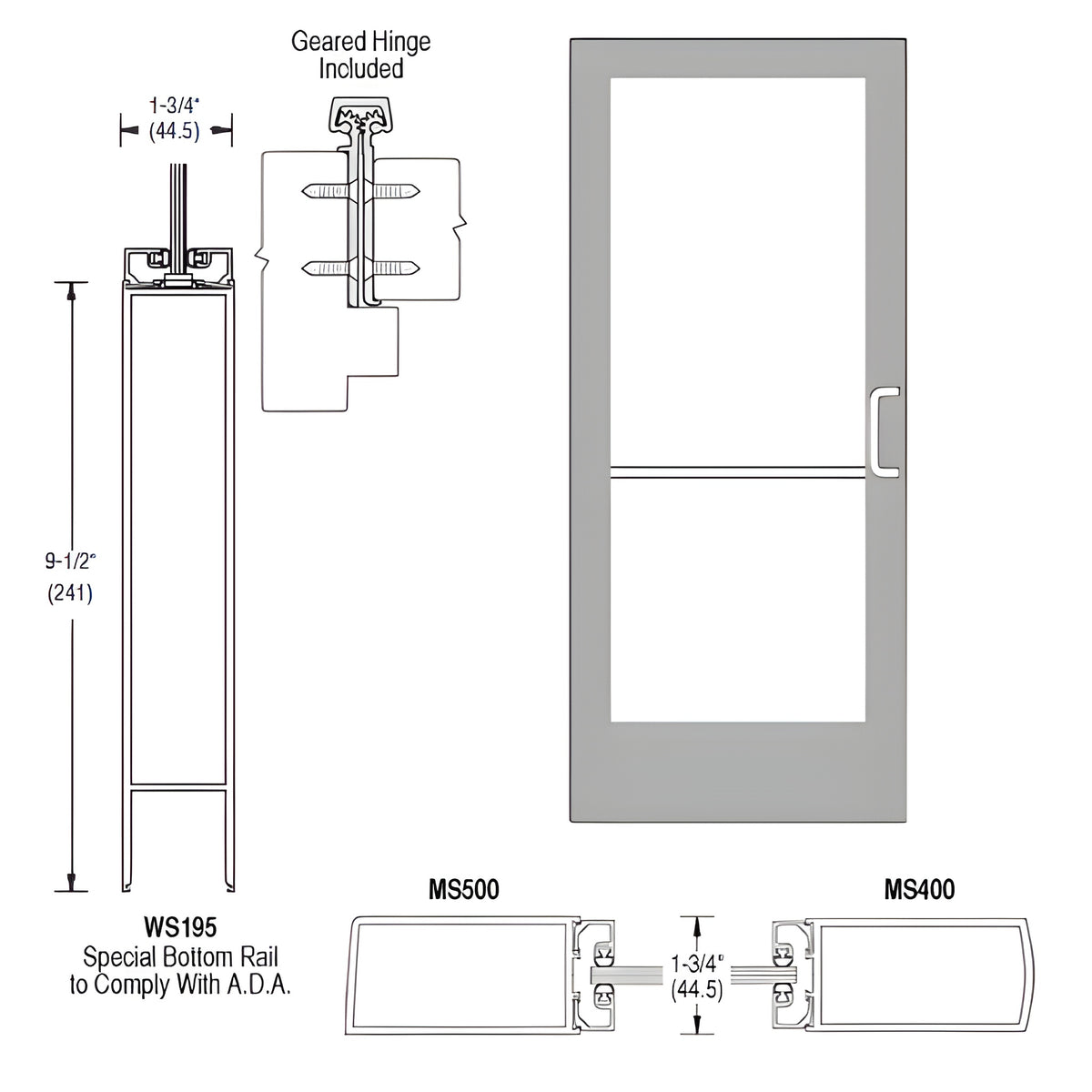 CRL-U.S. Aluminum Clear Anodized 400 Series Medium Stile Inactive Leaf of Pair 3'0 x 7'0 Offset Hung with Geared Hinged Complete ADA Door for 1/4" Glass with Lock Indicator, Cylinder Guard