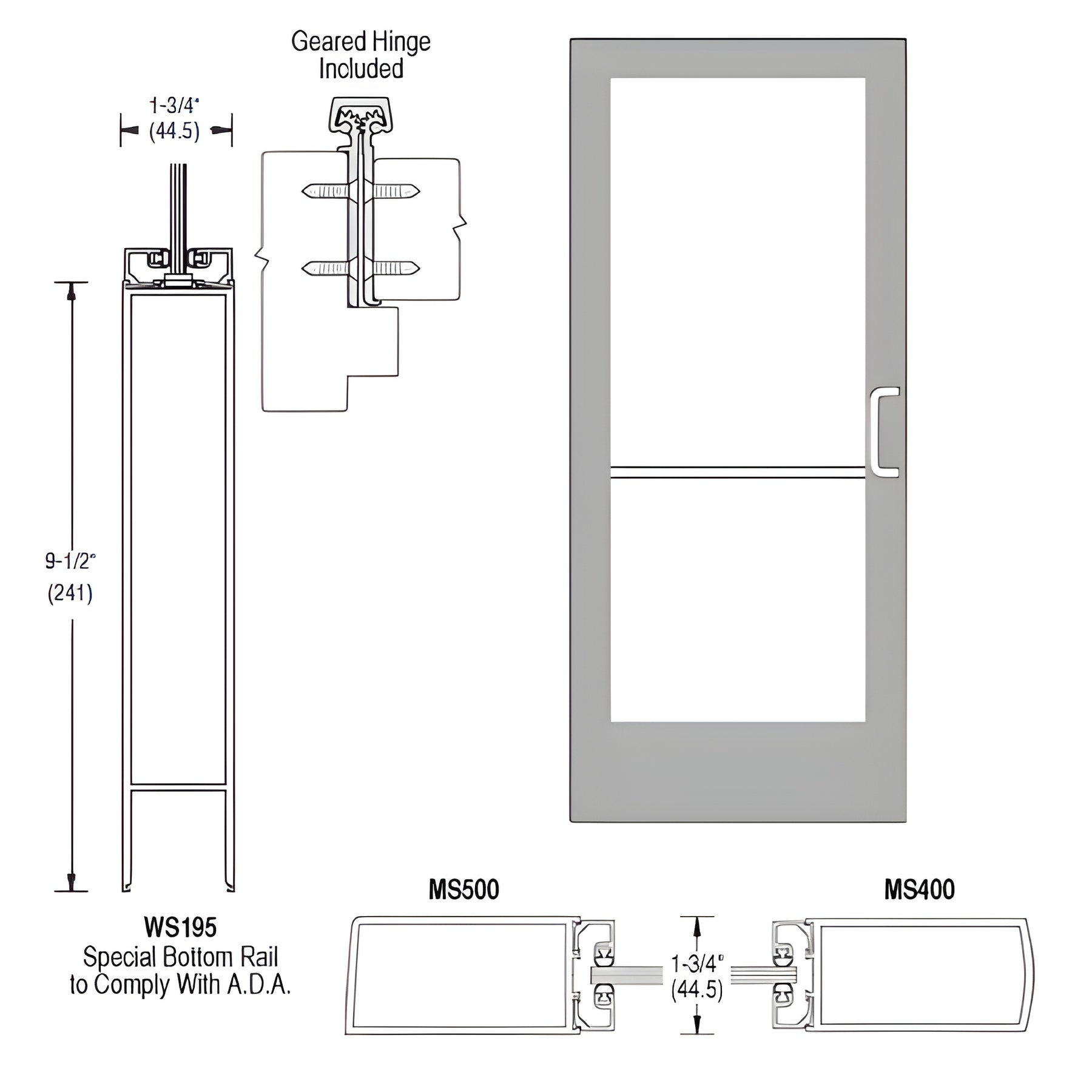 CRL-U.S. Aluminum Clear Anodized 400 Series Medium Stile Inactive Leaf of Pair 3'0 x 7'0 Offset Hung with Geared Hinged Complete ADA Door for 1/4" Glass with Lock Indicator, Cylinder Guard