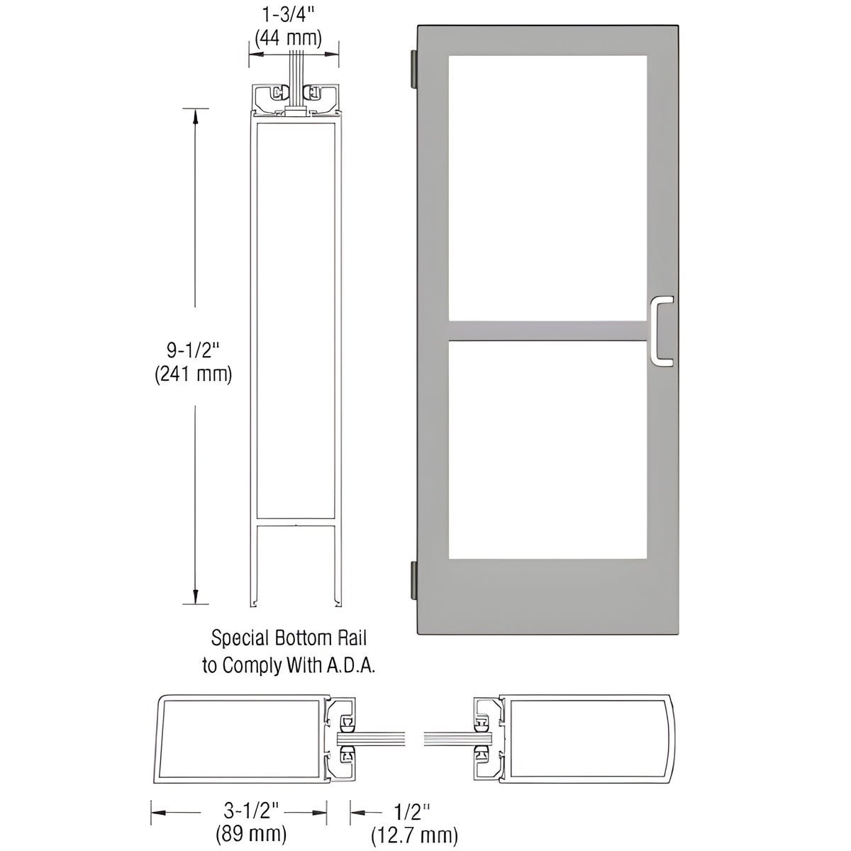 CRL-U.S. Aluminum Clear Anodized 400 Series Medium Stile Inactive Leaf of Pair 3'0 x 7'0 Offset Hung with Butt Hinges for Surf Mount Closer Complete Panic Door with Std. Panic and 9-1/2" Bottom Rail