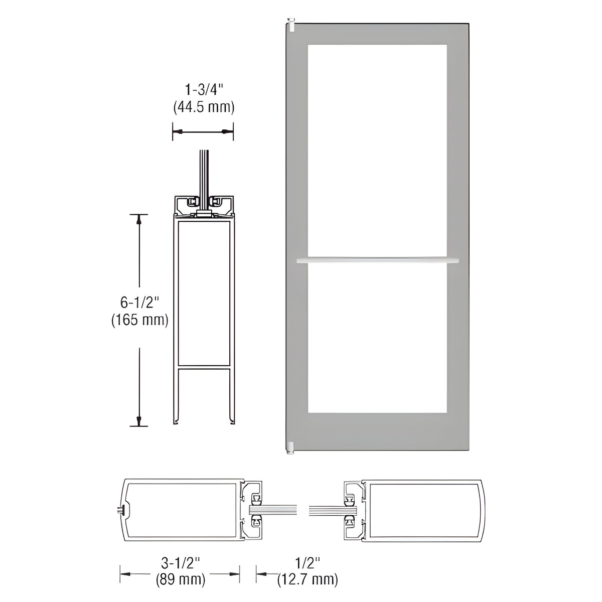 CRL-U.S. Aluminum Clear Anodized 400 Series Medium Stile Inactive Leaf of Pair 3'0 x 7'0 Center Hung for OHCC w/Standard Push Bars Complete Door Std. MS Lock & Bottom Rail
