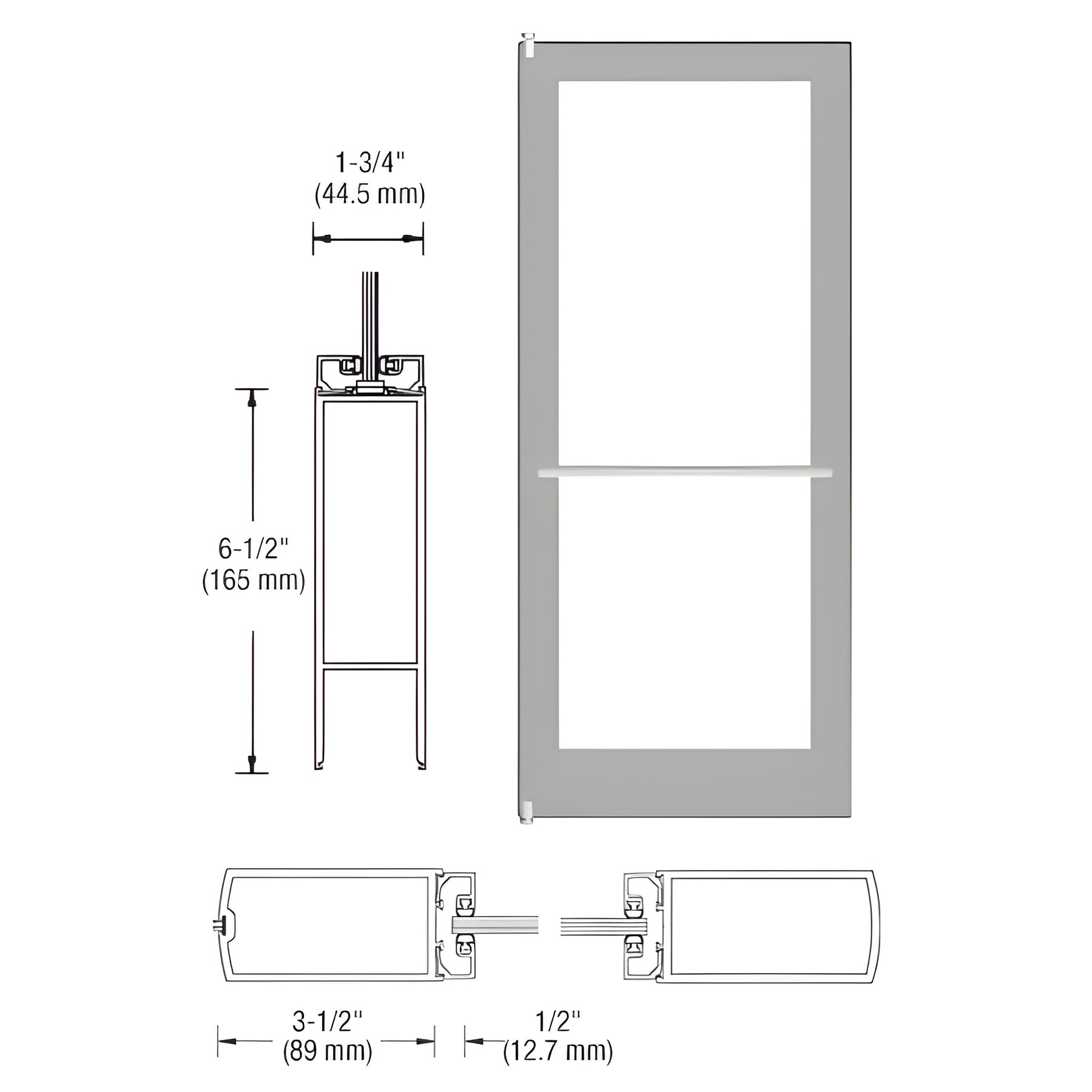 CRL-U.S. Aluminum Clear Anodized 400 Series Medium Stile Inactive Leaf of Pair 3'0 x 7'0 Center Hung for OHCC w/Standard Push Bars Complete Door Std. MS Lock & Bottom Rail