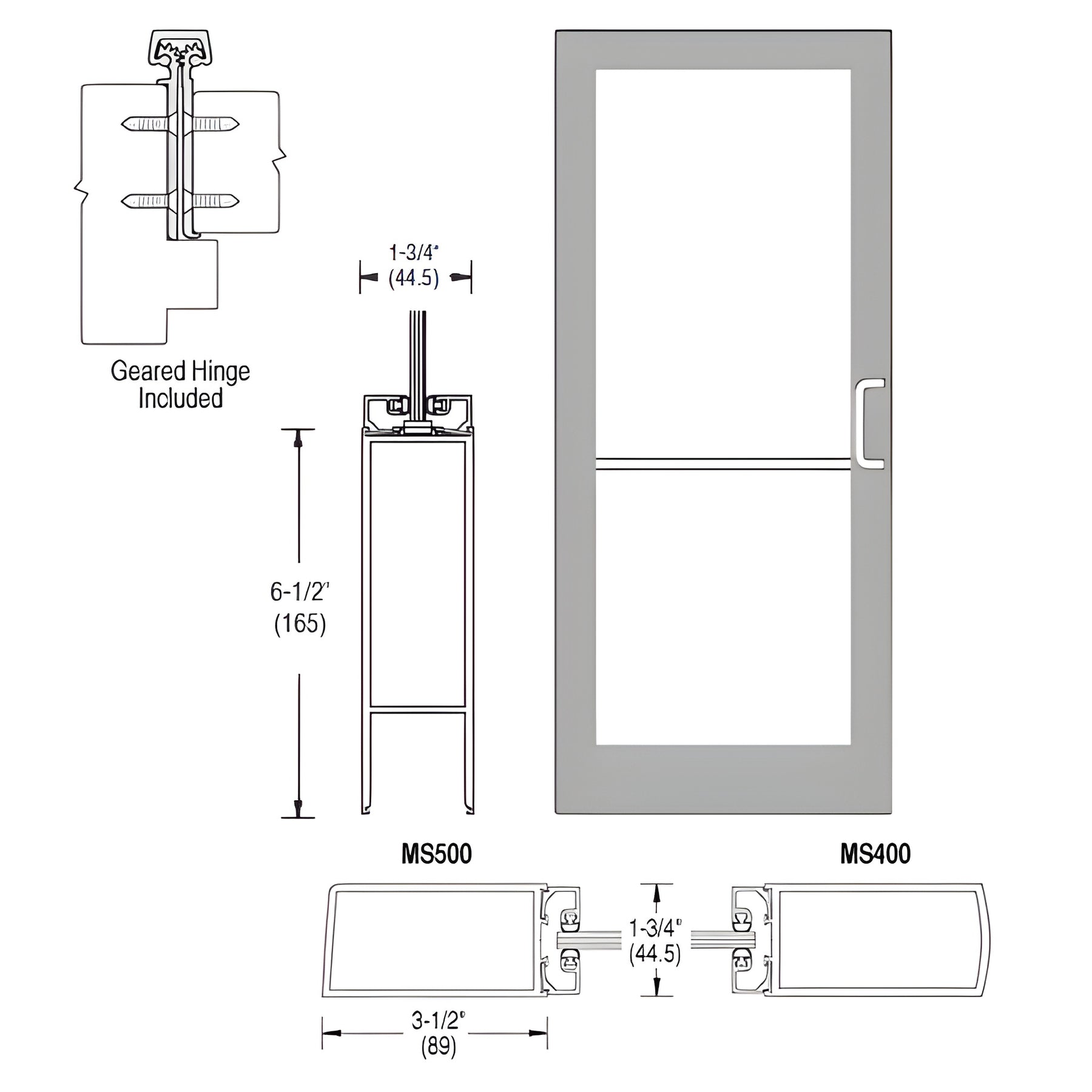 CRL-U.S. Aluminum Clear Anodized 400 Series Medium Stile Inactive Leaf of Pair 3'0 x 7'0 Offset Hung with Geared Hinged Complete Door Std. MS Lock & Bottom Rail