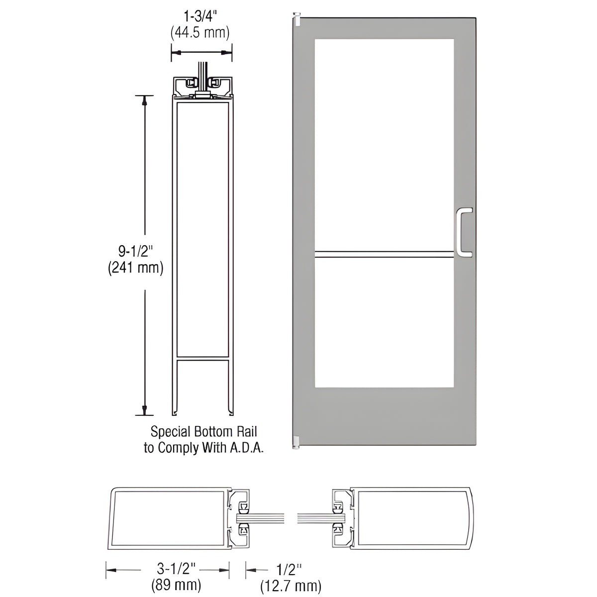 CRL-U.S. Aluminum Clear Anodized 400 Series Medium Stile Inactive Leaf of Pair 3'0 x 7'0 Offset Hung with Pivots for Surf Mount Closer Complete Door Std. Lock and 9-1/2" Bottom Rail