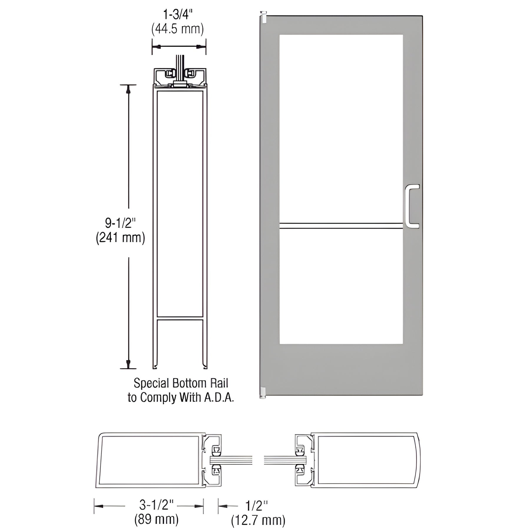 CRL-U.S. Aluminum Clear Anodized 400 Series Medium Stile Inactive Leaf of Pair 3'0 x 7'0 Offset Hung with Pivots for Surf Mount Closer Complete Door Std. Lock and 9-1/2" Bottom Rail