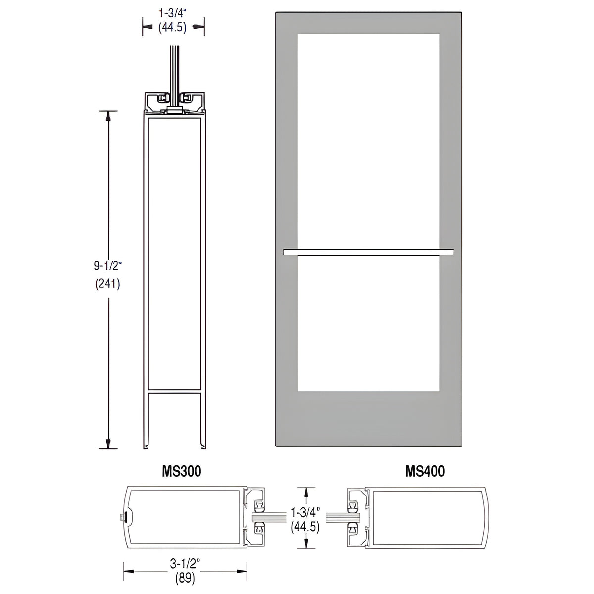 CRL-U.S. Aluminum Clear Anodized 400 Series Medium Stile Inactive Leaf of Pair 3'0 x 7'0 Center Hung for OHCC w/Standard Push Bars Complete Door Std. Lock & 9-1/2" Bottom Rail