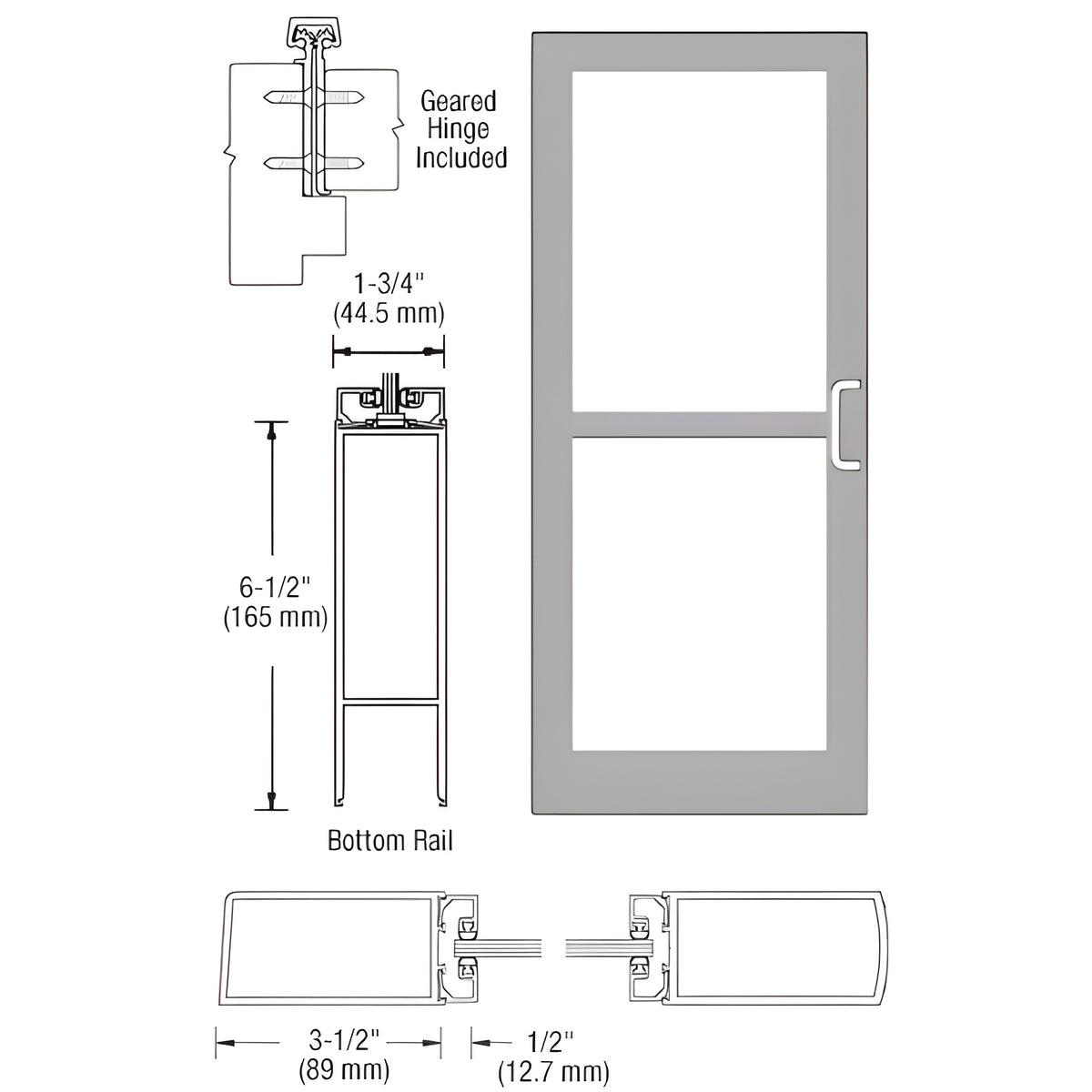 CRL-U.S. Aluminum Clear Anodized 400 Series Medium Stile Inactive Leaf of Pair 3'0 x 7'0 Offset Hung with Geared Hinged Complete Panic Door with Std. Panic and Bottom Rail
