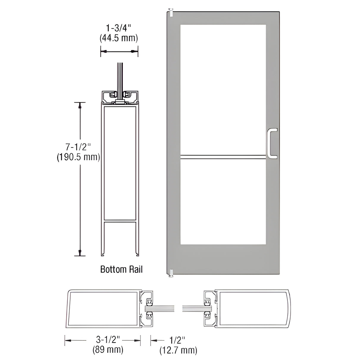 CRL-U.S. Aluminum Clear Anodized 400 Series Medium Stile Inactive Leaf of Pair 3'0 x 7'0 Offset Hung with Pivots for Surf Mount Closer Complete Door/Std. MS Lock, 7-1/2" Std. Bottom Rail