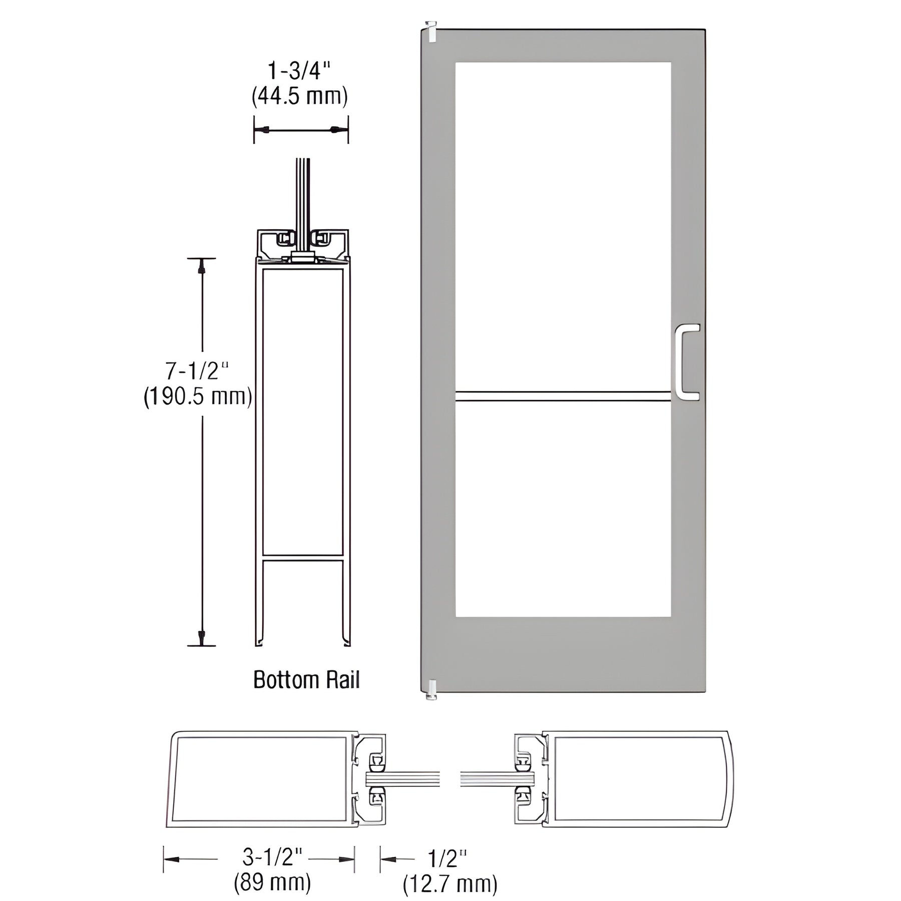 CRL-U.S. Aluminum Clear Anodized 400 Series Medium Stile Inactive Leaf of Pair 3'0 x 7'0 Offset Hung with Pivots for Surf Mount Closer Complete Door/Std. MS Lock, 7-1/2" Std. Bottom Rail