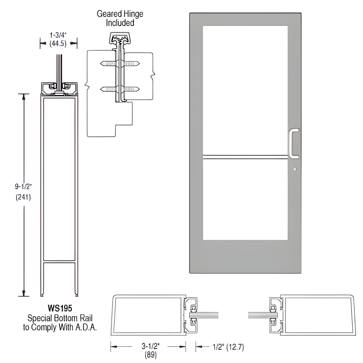 CRL-U.S. Aluminum Clear Anodized 400 Series Medium Stile (LHR) HLSO Single 3'0 x 7'0 Offset Hung with Geared Hinged Complete ADA Door for 1" Glass with Lock Indicator, Cylinder Guard