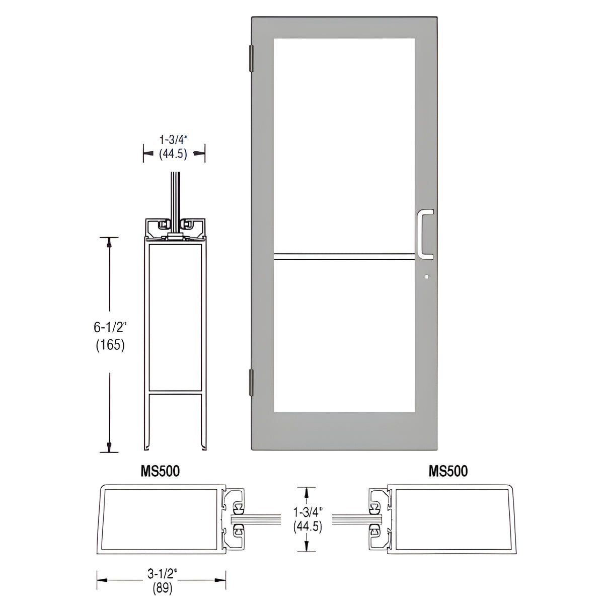 CRL-U.S. Aluminum Clear Anodized 400 Series Medium Stile (LHR) HLSO Single 3'0 x 7'0 Offset Hung with Butt Hinges for Surf Mount Closer Complete Door for 1" Glass with Standard MS Lock and Bottom Rail