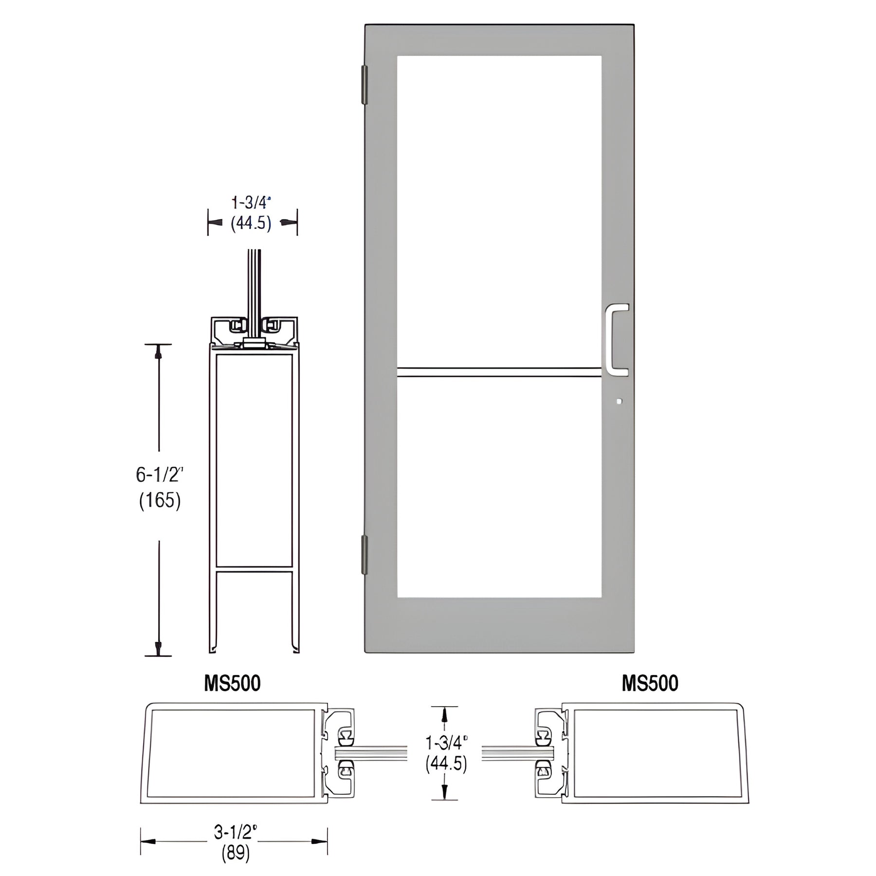 CRL-U.S. Aluminum Clear Anodized 400 Series Medium Stile (LHR) HLSO Single 3'0 x 7'0 Offset Hung with Butt Hinges for Surf Mount Closer Complete Door for 1" Glass with Standard MS Lock and Bottom Rail