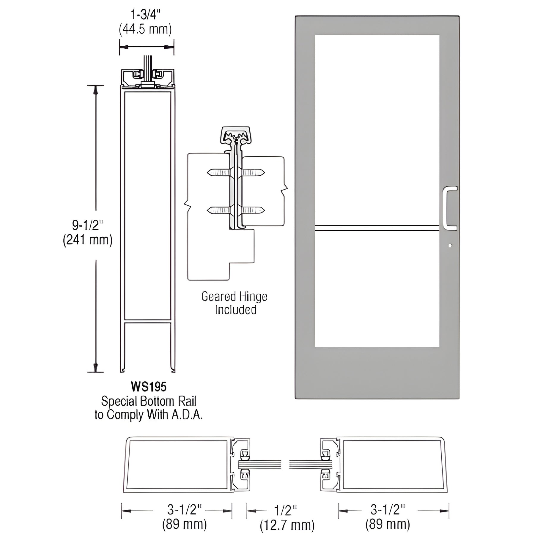 CRL-U.S. Aluminum Clear Anodized 400 Series Medium Stile (LHR) HLSO Single 3'0 x 7'0 Offset Hung with Geared Hinged Complete Door for 1" Glass with Standard MS Lock and Bottom Rail